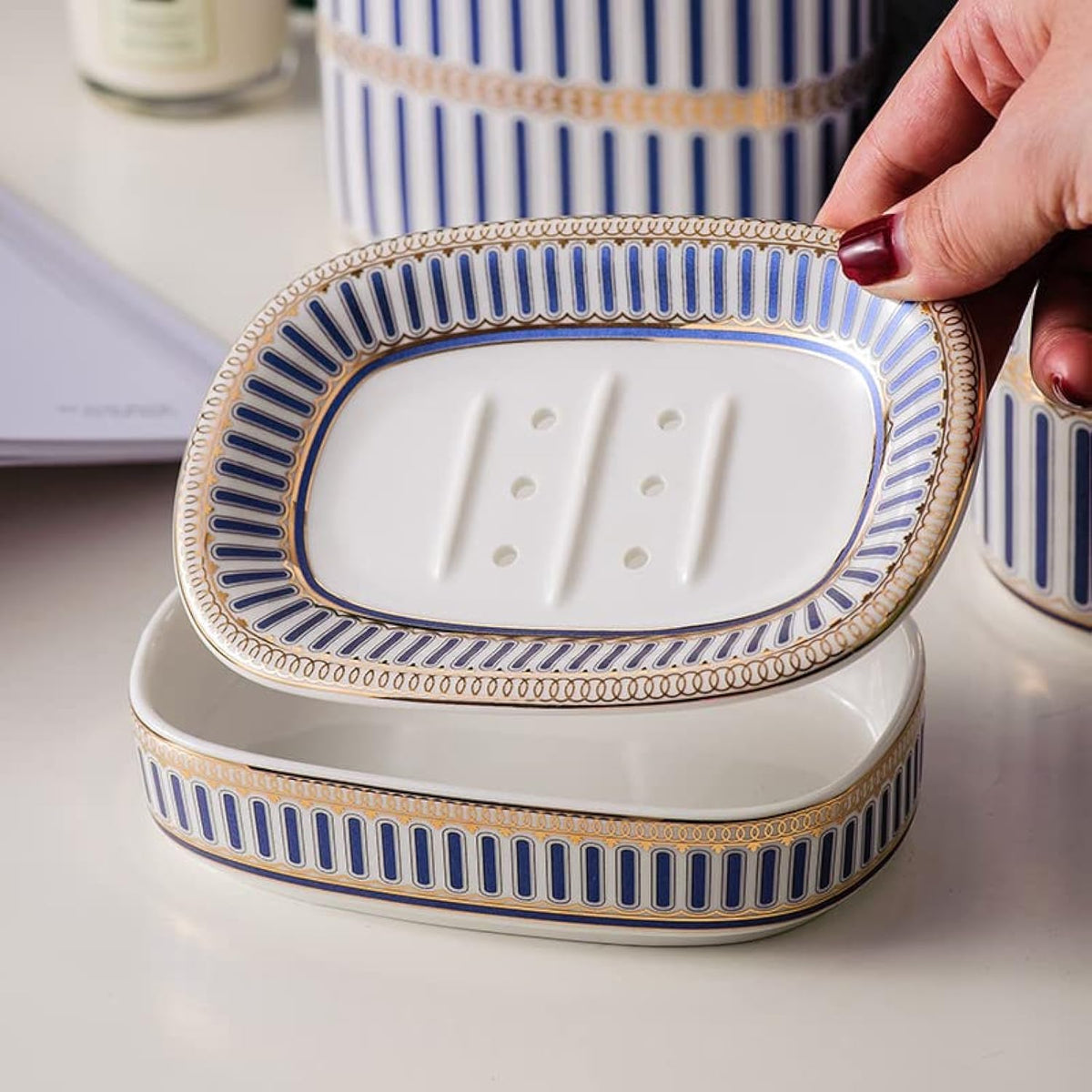 Self Draining Soap Dish, Double-Layer Bar Soap Tray, White Ceramic Soap Dish with Elegant Patterns (Style A)
