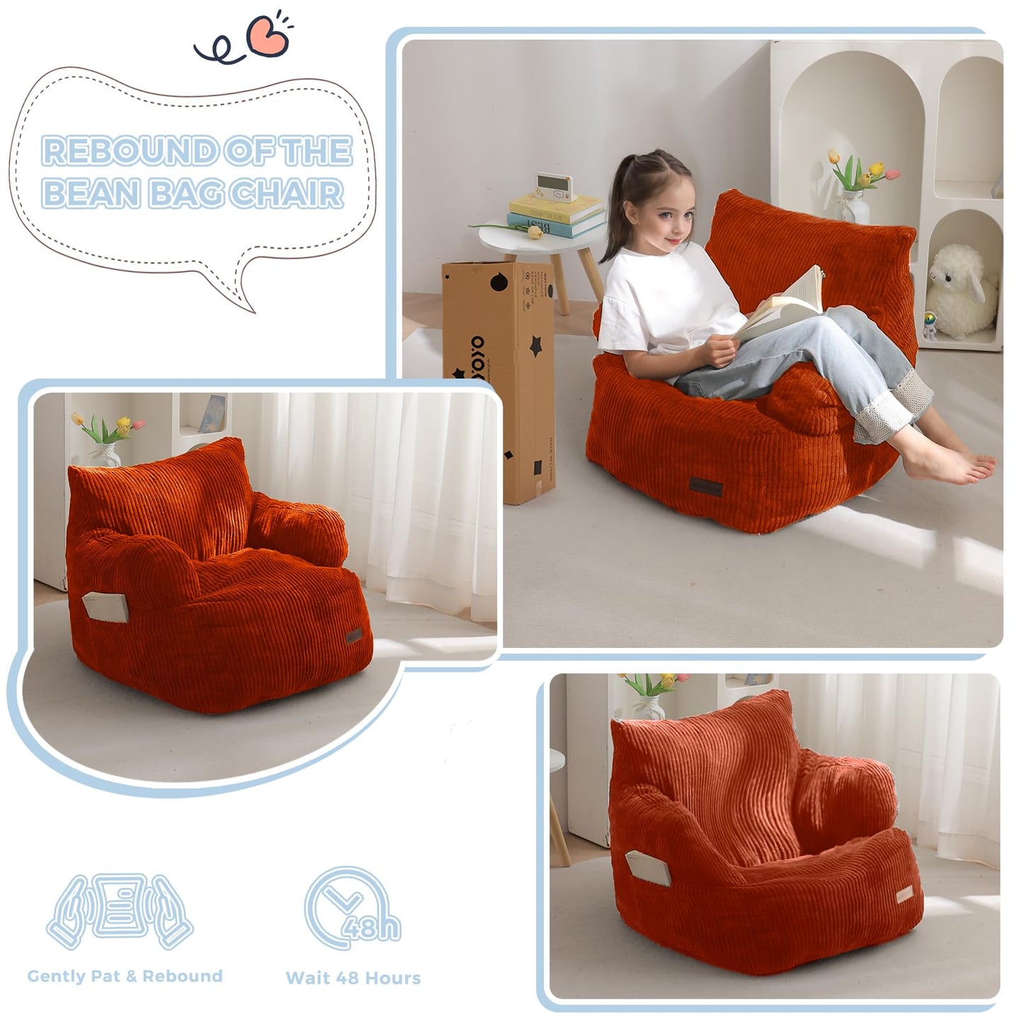 MAXYOYO Kids Bean Bag Chair, Stuffed Toddler Bean Bag Sofa with Filler Cozy for Boys and Girls, Lazy Sofa with Pocket Floor Chair for Gaming, Reading, Orange