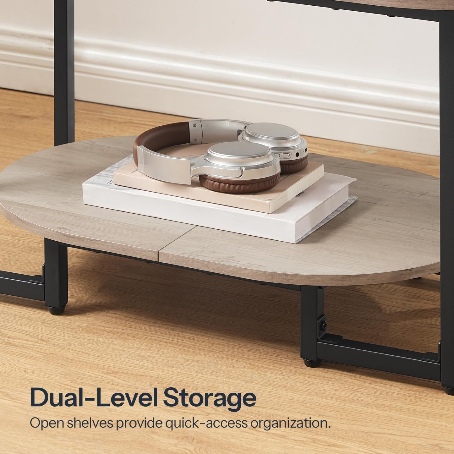 HOOBRO Coffee Table for Living Room, Oval Small Coffee Table with 2-Tier Open Storage Shelf, Industrial Cocktail Tea Table, Wooden Desktop Center Table, Farmhouse, Home Office, Greige BG09KF01