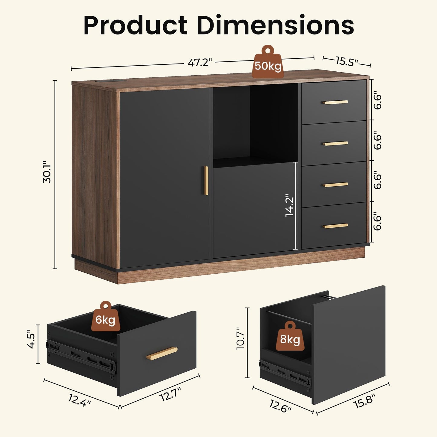 ModernMate File Cabinet with 5 Drawer & Charging Station, 47.2" Office Storage Cabinet with Door & Adjustable Shelves, Printer Stand with Open Shelf for Home Office, Fits A4/Letter Size, Black Walnut