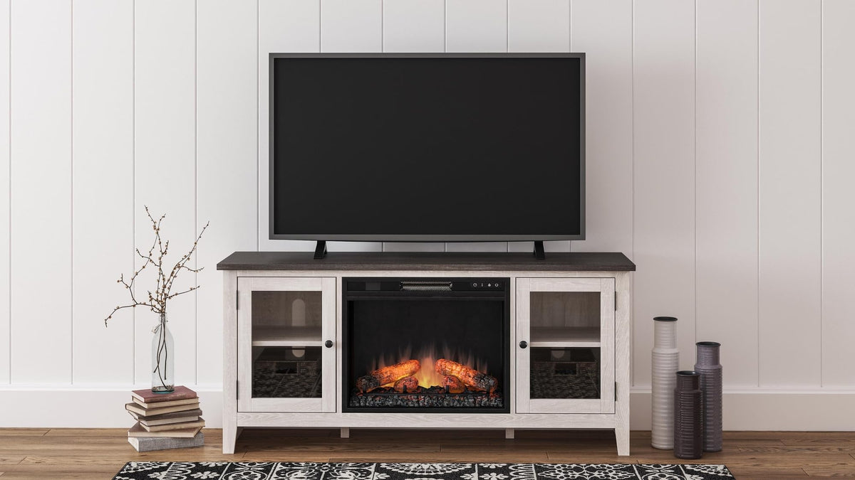 Signature Design by Ashley Dorrinson Farmhouse TV Stand with Fireplace Option, Fits TVs up to 58", Whitewash