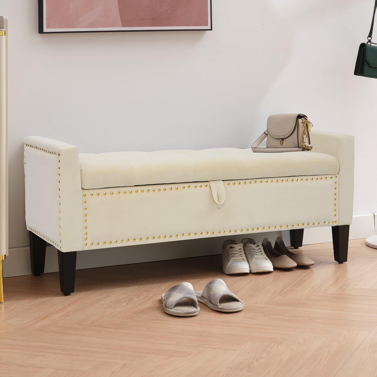 UDAX Storage Ottoman Bench, Velvet Upholstered Footstool for Bedroom and Living Room, Frosted Flannel Seat with Storage, Wooden Legs & Metal Rivets, Beige