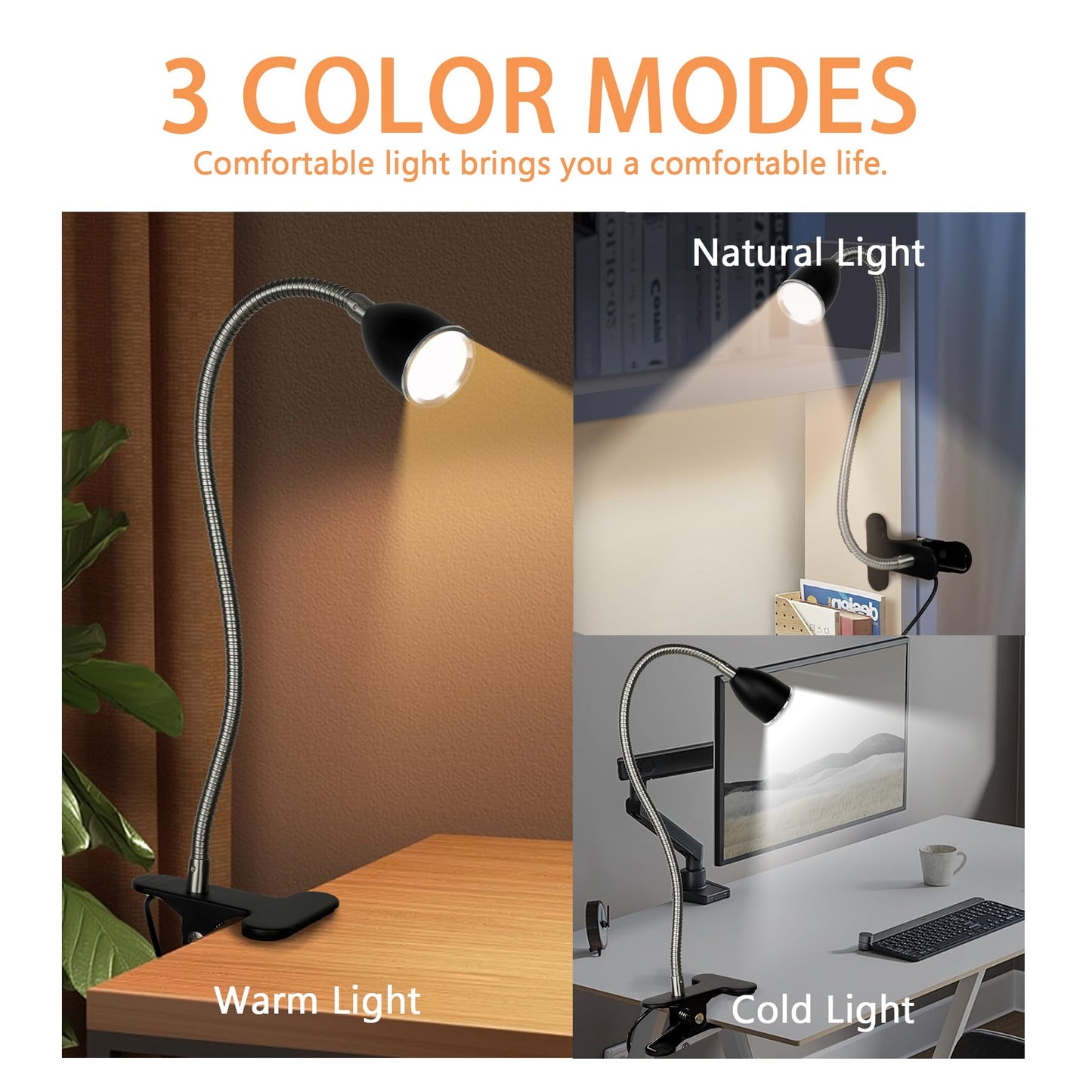 Desk lamp Eye-Caring Table Lamps, 360°Rotation Gooseneck Clip on Lamp Reading Light, Portable Reading Book Light, Clamp Light, Study Desk Lamps for Bedroom and Office Home Lighting (Black with Dimmer)