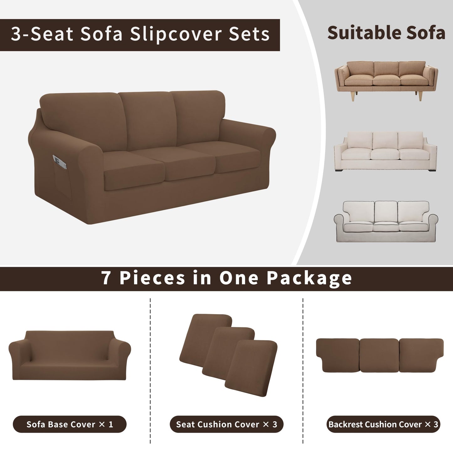 Easy-Going 7 Pieces Stretch Couch Cover Washable Sofa Cover Set for 3 Backrest and Seat Cushion Couch Anti-Slip Sofa Slipcover Furniture Protector with Elastic Bottom (Large, Brown)