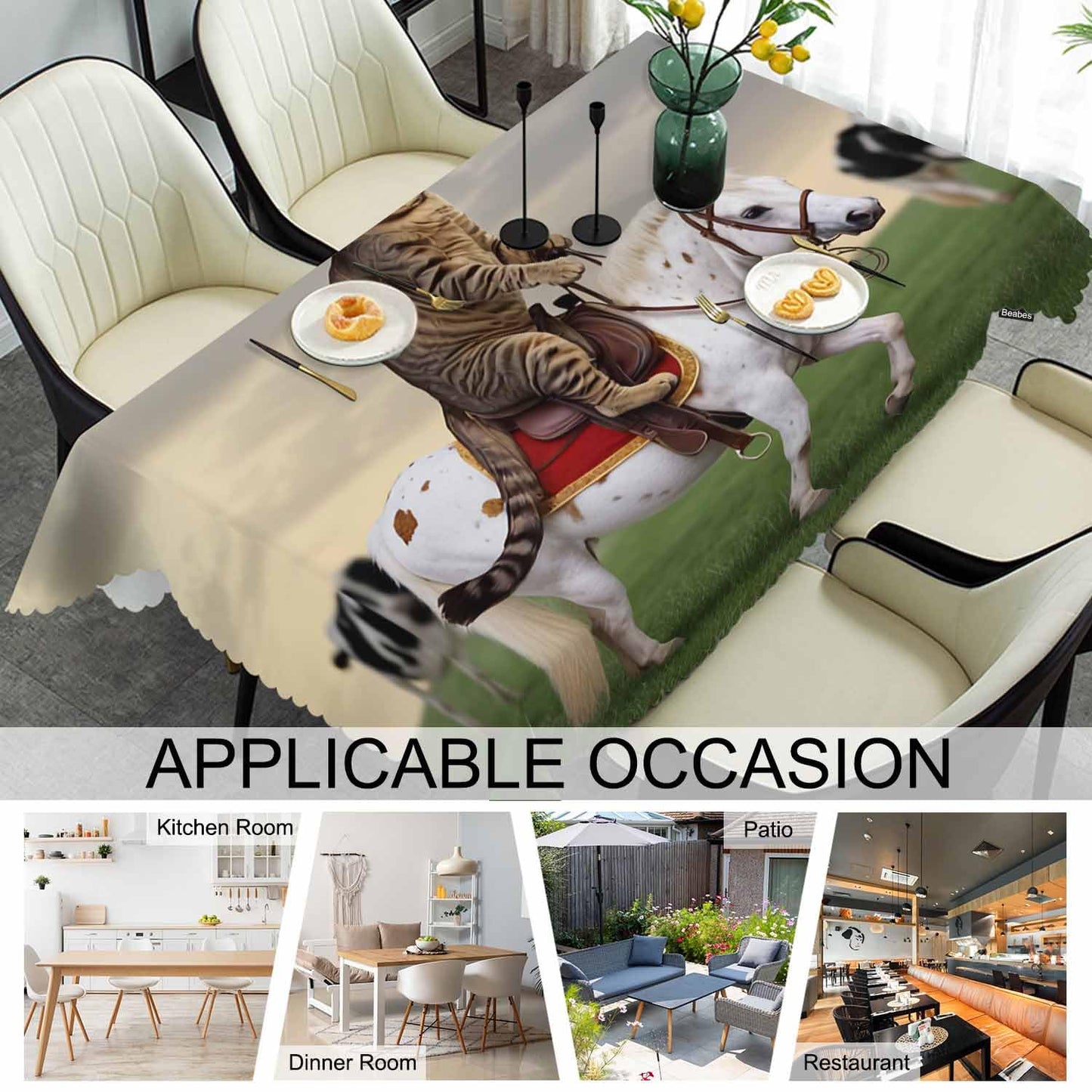 Beabes Cat Cowboy Kitchen Tablecloth Funny Cat On Horse Farm Cows Indoor Outdoor Table Cover Anti-Oil Table Cloths for Wedding Banquet Dinner Tablecloths, 52x70 Inch(4-6 Seats)