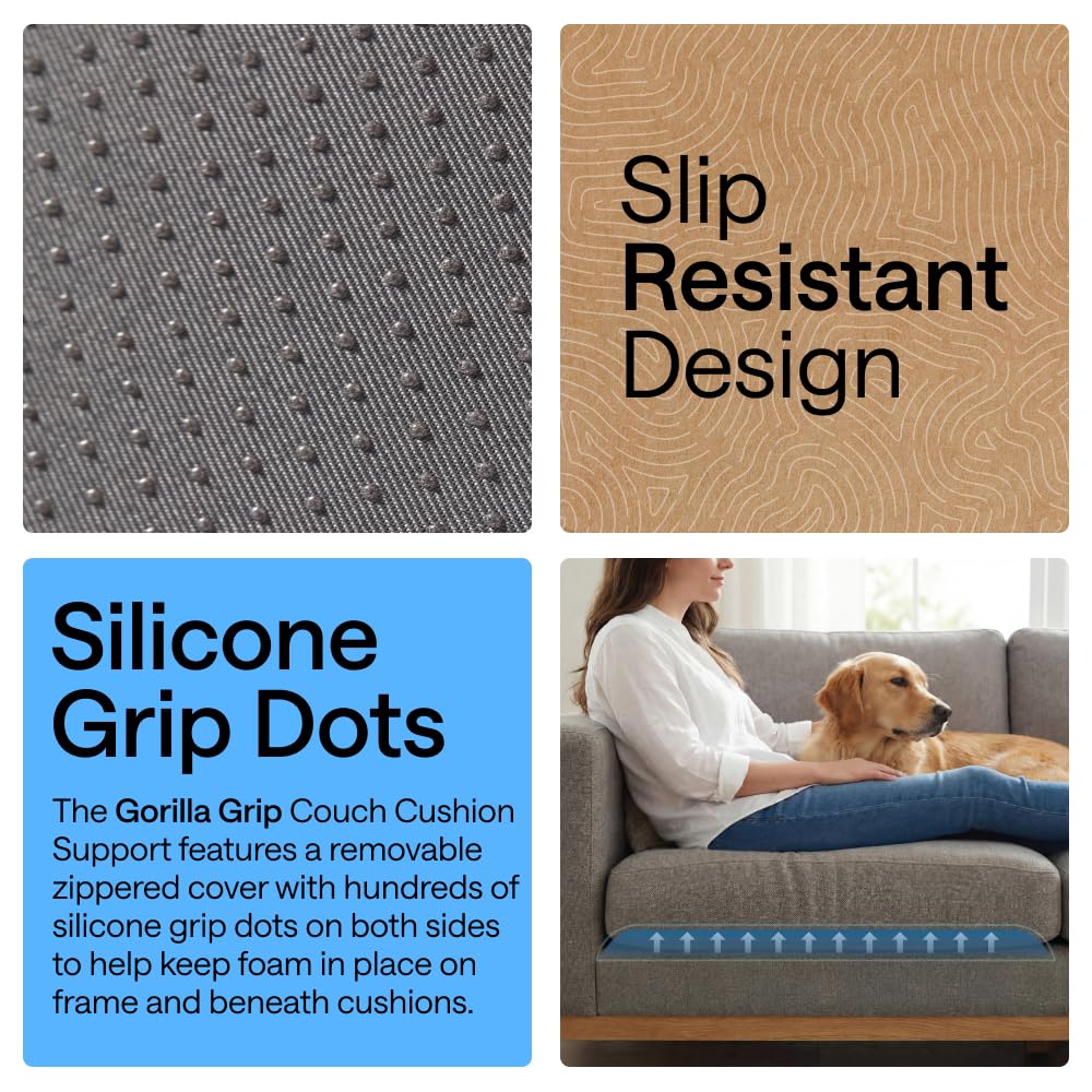 GORILLA GRIP Ergonomic High Density Couch Cushion Support Foam, Quick Rebound Sofa Lifters for Sagging Cushions, Stays in Place with Grip Dots, Replacement Stuffing, 20x19x1.75 Inches, 1 Pack, Gray
