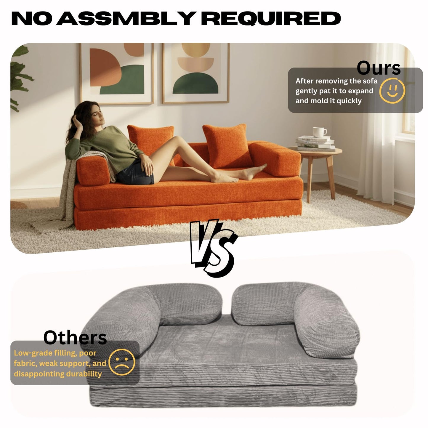 Alpen Futon Sofa Bed Full Size, 4-in-1 Sleeper Sofas with L-Shaped Armrests, Small Sofa Bed Couch for Small Spaces Loveseat Sleeper for Living Room Bedroom, Chenille, Orange