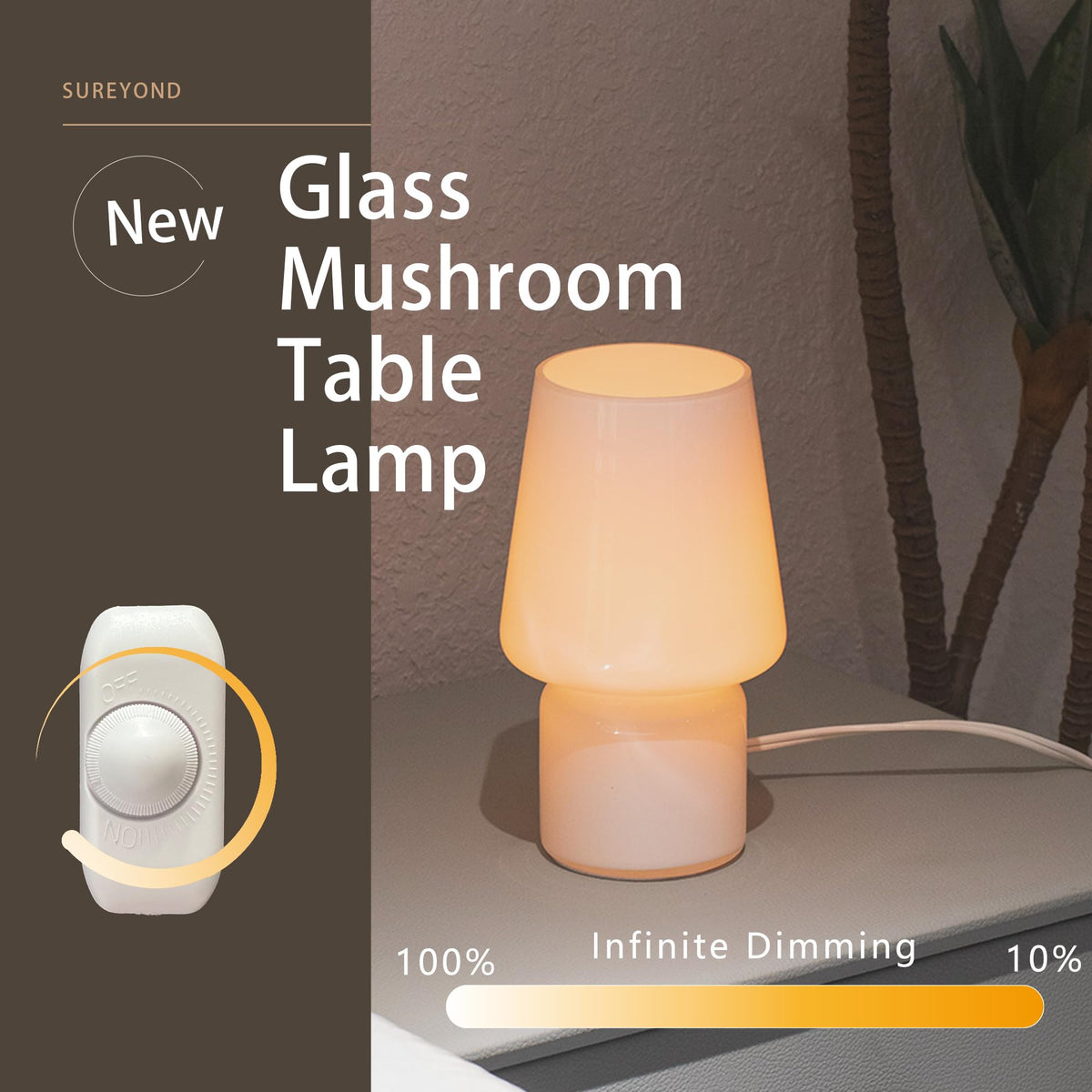 SUREYOND Mushroom Lamp,Mother's Day Gifts,Small Table Lamp,Cute Nightstand Kitchen Mini Lamp,Glass Table Lamp,Suitable for Bedrooms, Kitchens, Living Rooms, Bedside, Girl Gifts（White）