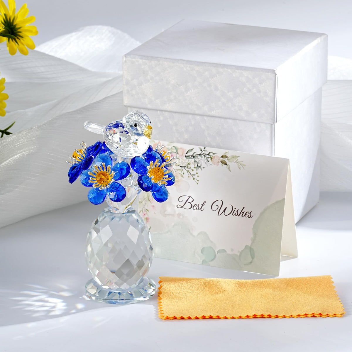 CNCRMEM Crystal Bird & Forget-Me-Not Flower Figurine,3x4 inch Glass Flower Collectible Ornaments for Home Decor Table Centerpiece Glass Bouquet Flowers Keepsake Gifts for Women （Blue）