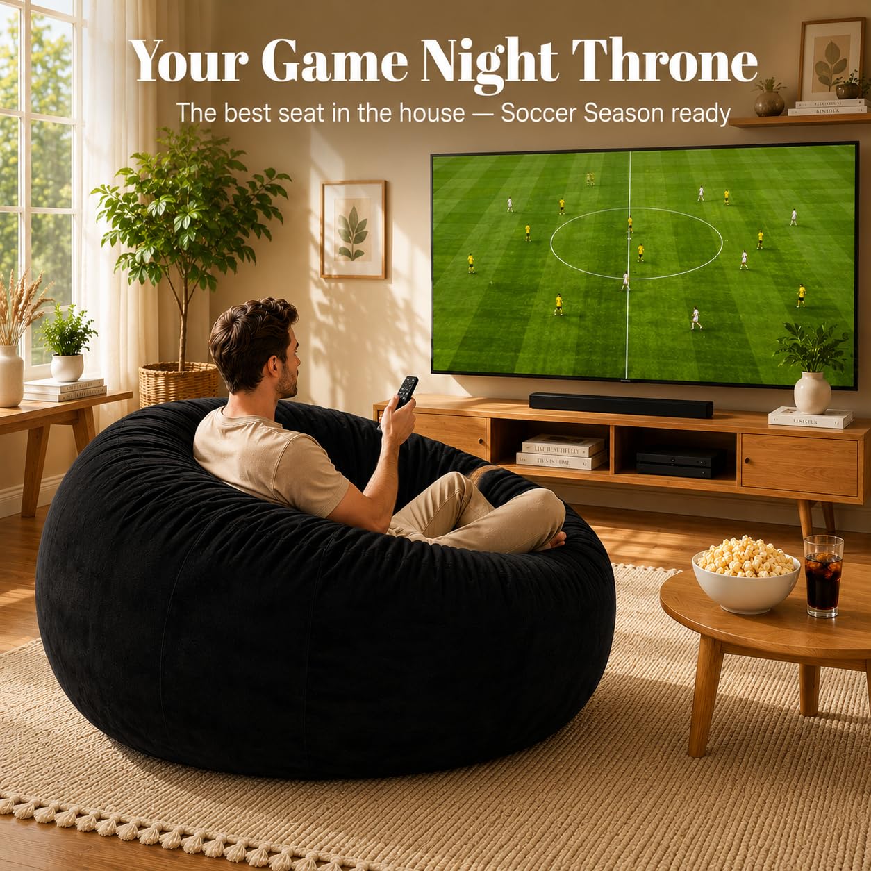 Codi Bean Bag Chair with Filler Included, 4 FT - Comfy Large Beanbag Chairs for Adults, Memory Foam Added - Machine Washable and Soft Mink Bonded Cover - Black, 4ft