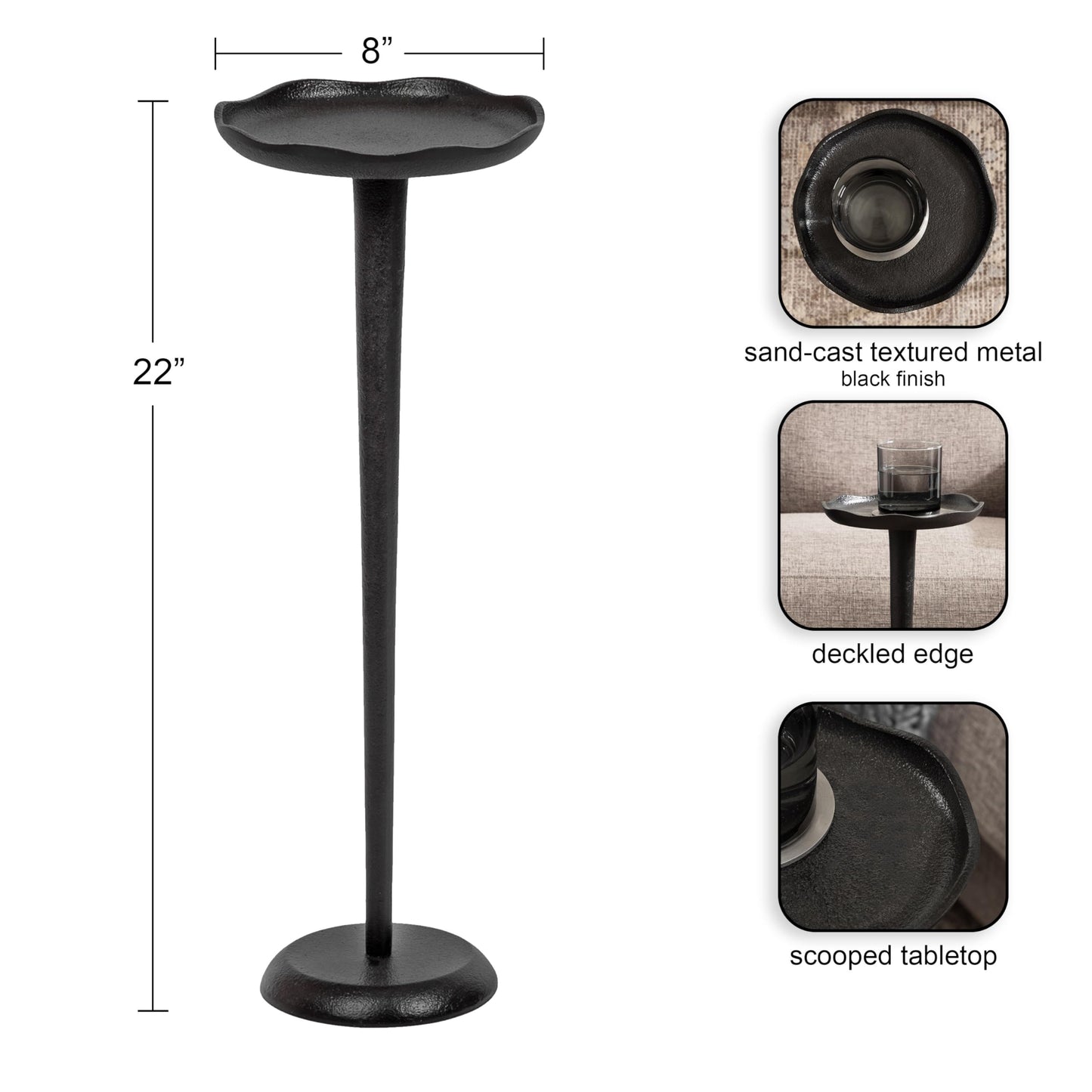Kate and Laurel Alessia Modern Decorative Metal Drink Table; 8 x 8 x 22; Black; Round Cast Aluminum Pedestal Plant Stand with Rough Texture and Deckled Edge