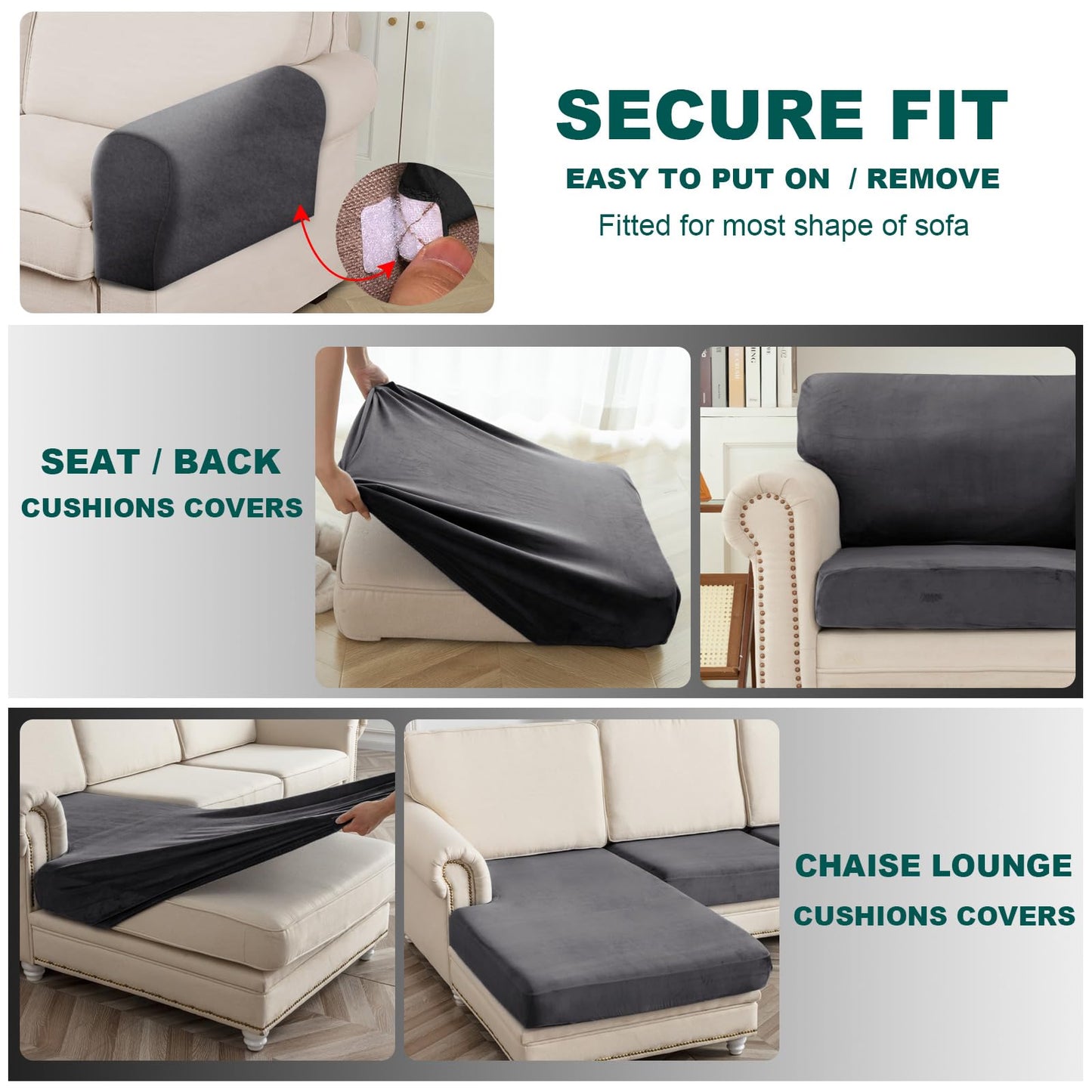 10 Pieces Sofa Cushion Covers for U-Shaped Modular Sectional Couch with 4 Seat+4 Back+2 Arms, Stretch Velvet Upholstered Covers for Sofa Bed with Deep Double Chaise (Grey,Universal (10 Pieces))