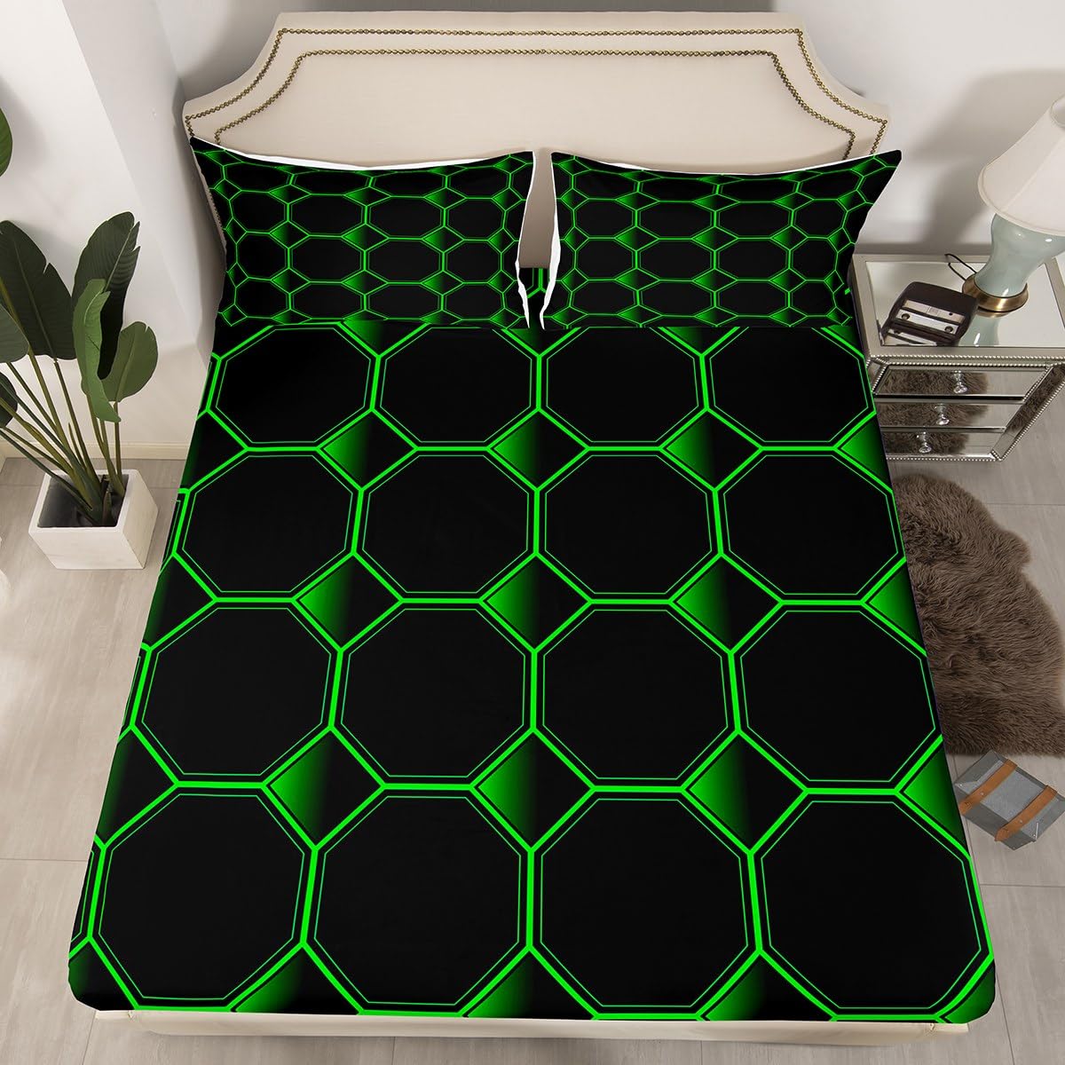 Honeycomb Bed Sheets Set Queen Size Geometric Hexagonal Beehive Sheet Set for Boys,3D Stereoscopic Green Hexagon Sheets,Simplistic Geometrical Black Room Decor