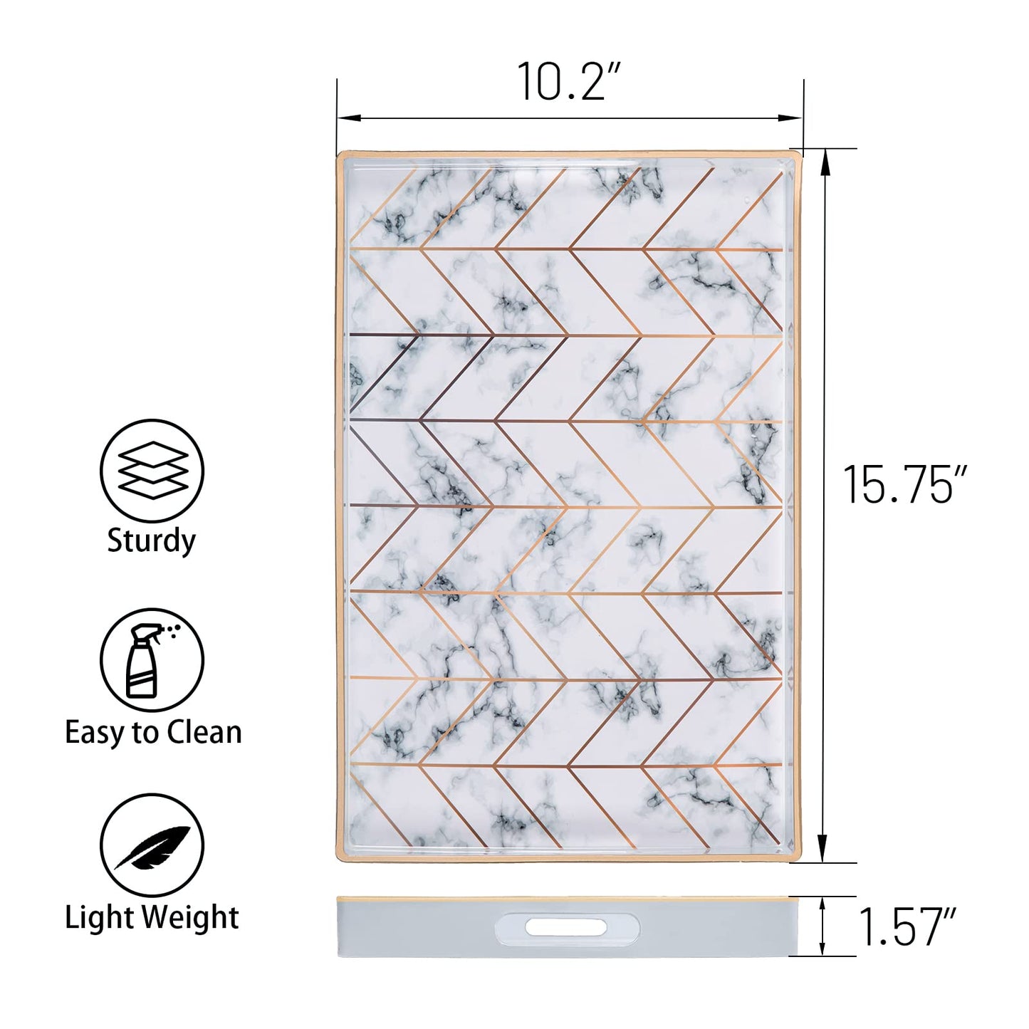 MAONAME Rectangular Decorative Tray, Modern White Serving Tray with Handles, Marbling Plastic Trays for Ottoman, Coffee Table Trays for Living Room, Home Decor, 15.8" x 10.2" x 1.4"
