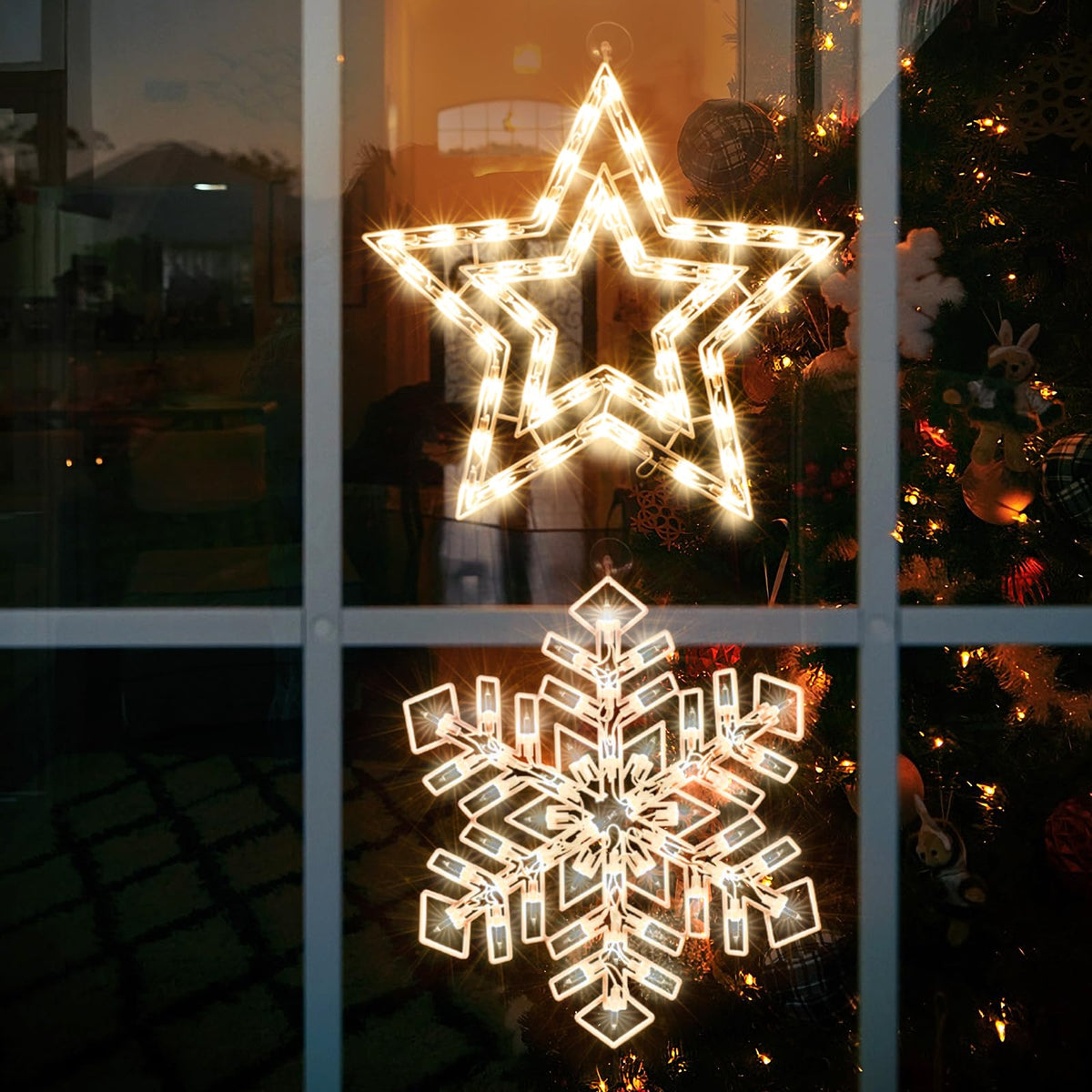 Xmasnova 2 Pack Christmas Window Lighted Decorations,Christmas Window Silhouette Lights,Double Side Sign Lamp Decoration for Holiday Indoor Wall Door Glass Decorations,Star，Snowflake