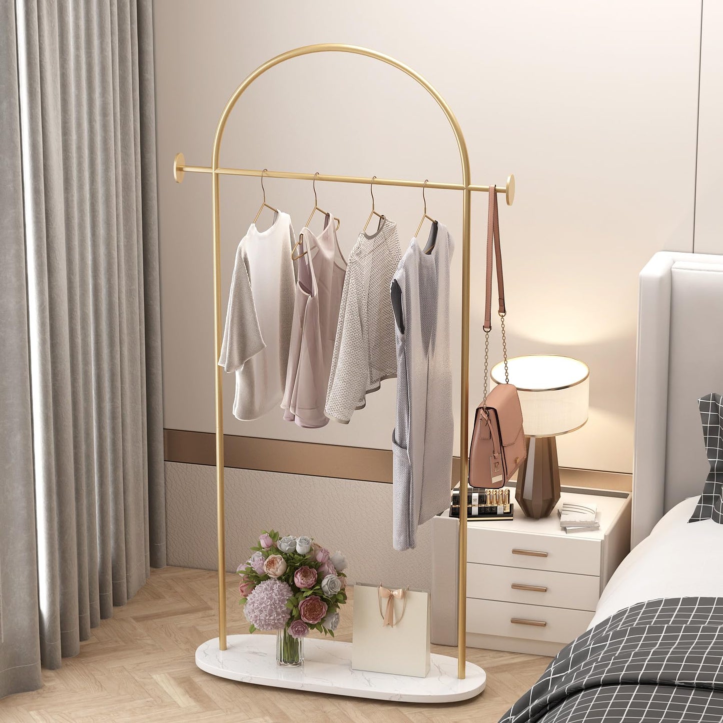 KADIGANG Gold Clothing Rack, Modern Clothes Rack with Shelf, Heavy Duty Freestanding Coat Rack, Metal Coat Hanger Stand with Hooks for Boutique Office