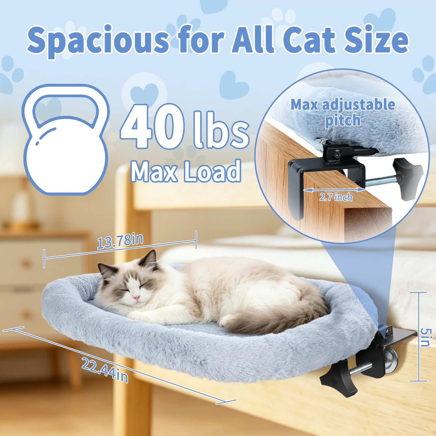 Midollarle Bedside Cat Bed, 23"x14" Spacious Pet Beds Attached to Human Bed, Soft Plush Foldable Cat Beds with Steel Clamp, Removable & Washable Pet Bed Supports Up to 40lbs