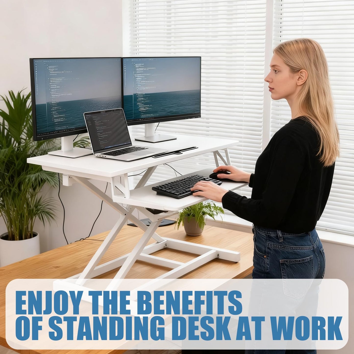 KYDEVO Standing Desk Converter, Height Adjustable Sit to Stand Riser, Dual Monitor and Laptop Workstation with Wide Keyboard Tray, Desk Lifter for Home Office