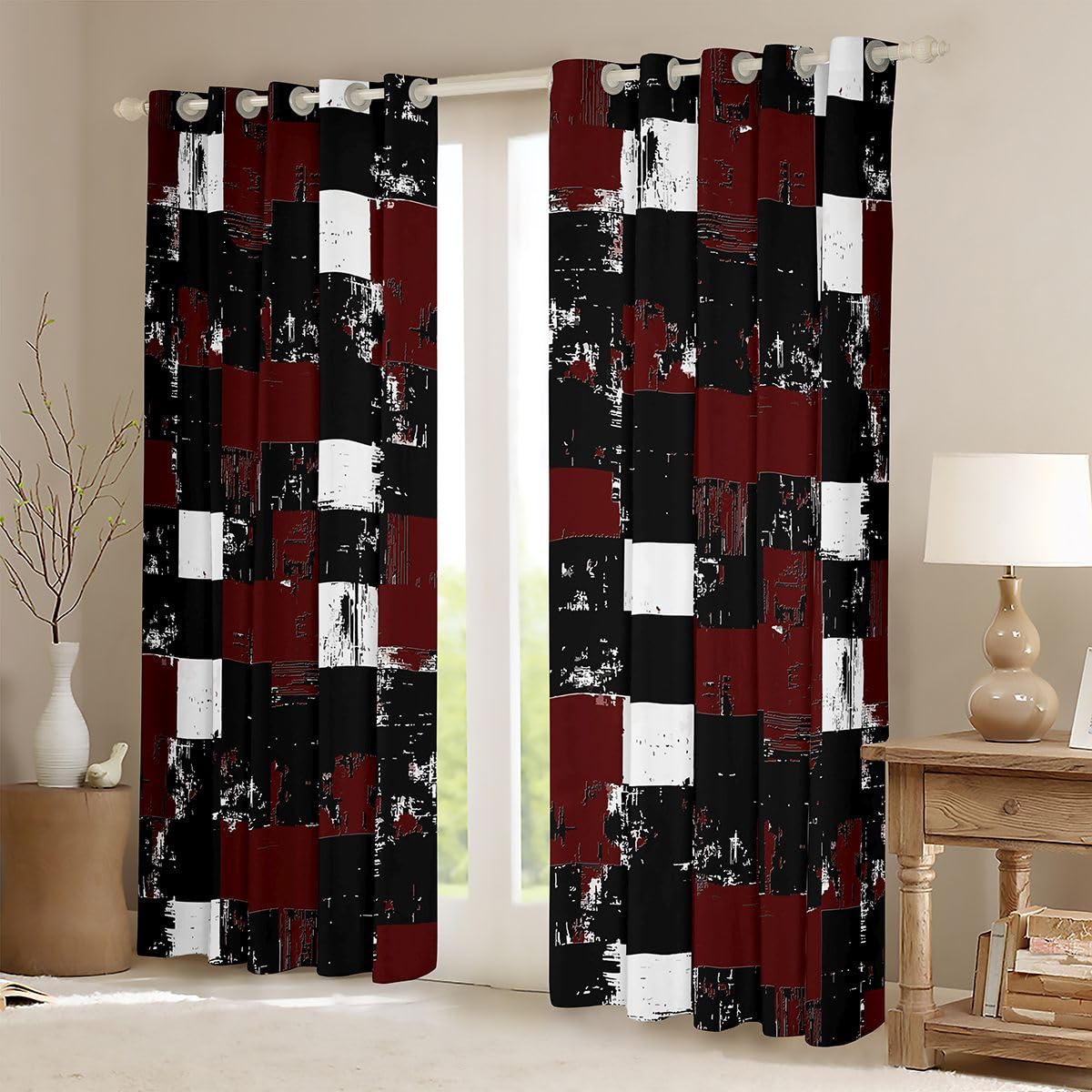 Feelyou Abstract Curtains for Bedroom Living Room Dark Red Black White Blackout Shades Buffalo Check Plaid Room Darkening Curtain Geometric Grid Window Treatments, 2 Panels 38 x 45 Inch Decor