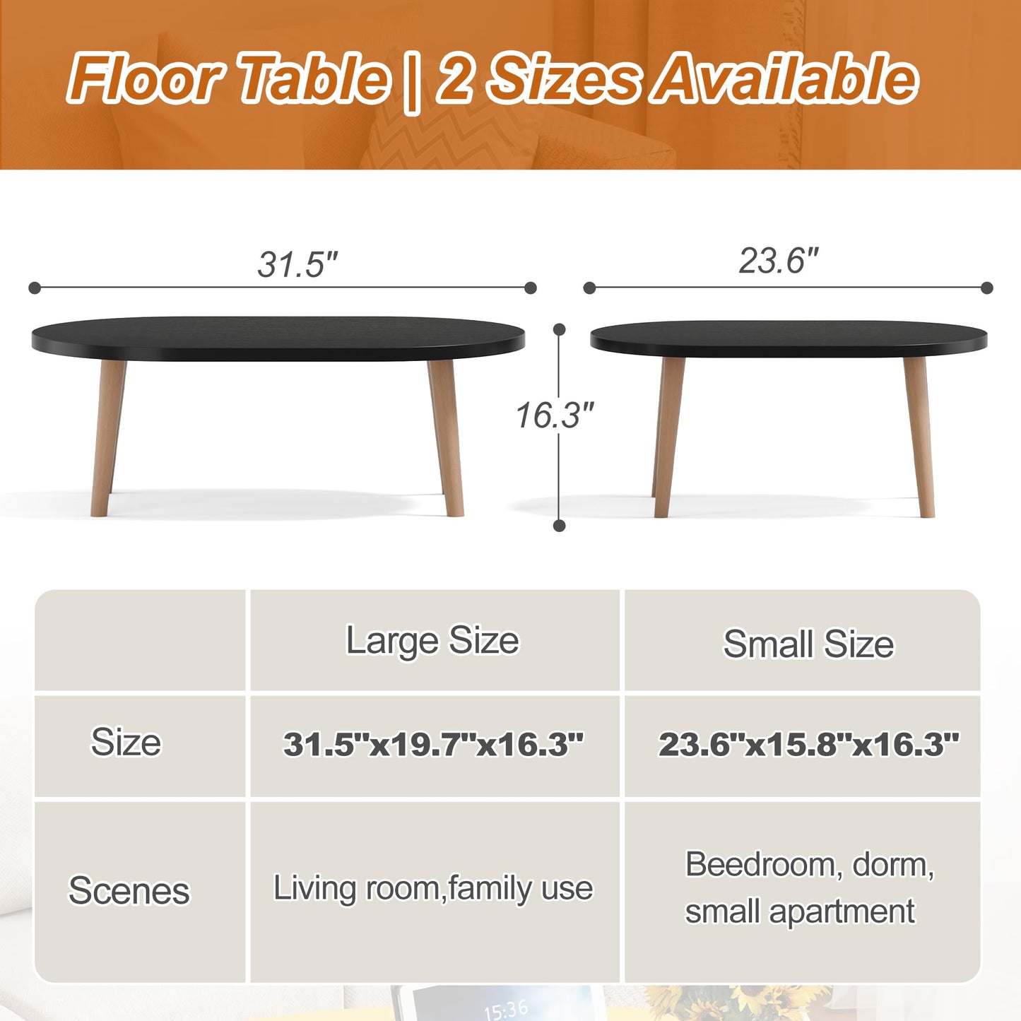 FURMORENE Coffee Table Low Table with Solid Wood Legs, 31.5x19.7 Large Coffee Table Side Table, Floor Table Desk for Sitting on The Floor, Living Room Furniture for Office Apartment Home, Oval Black