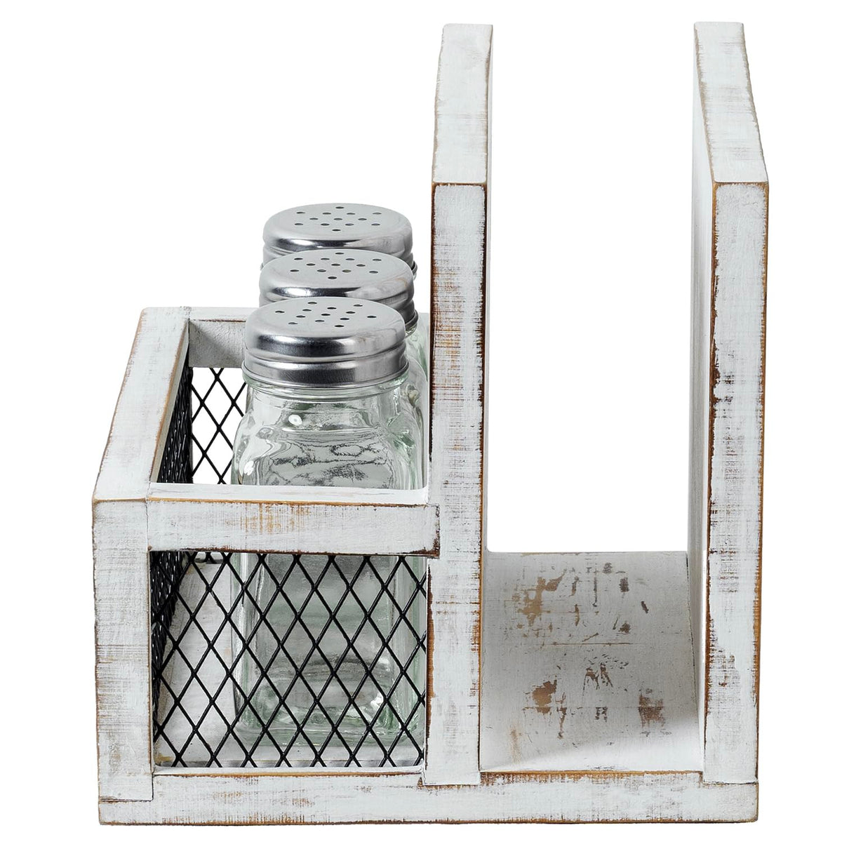FARM IN Napkin Holder, Farmhouse Multifunctional Napkin Holder with Salt and Pepper Shakers Holder for Home and Commercial Use, Rustic Solid White Washed Wood & Diamond Metal Wire Mesh
