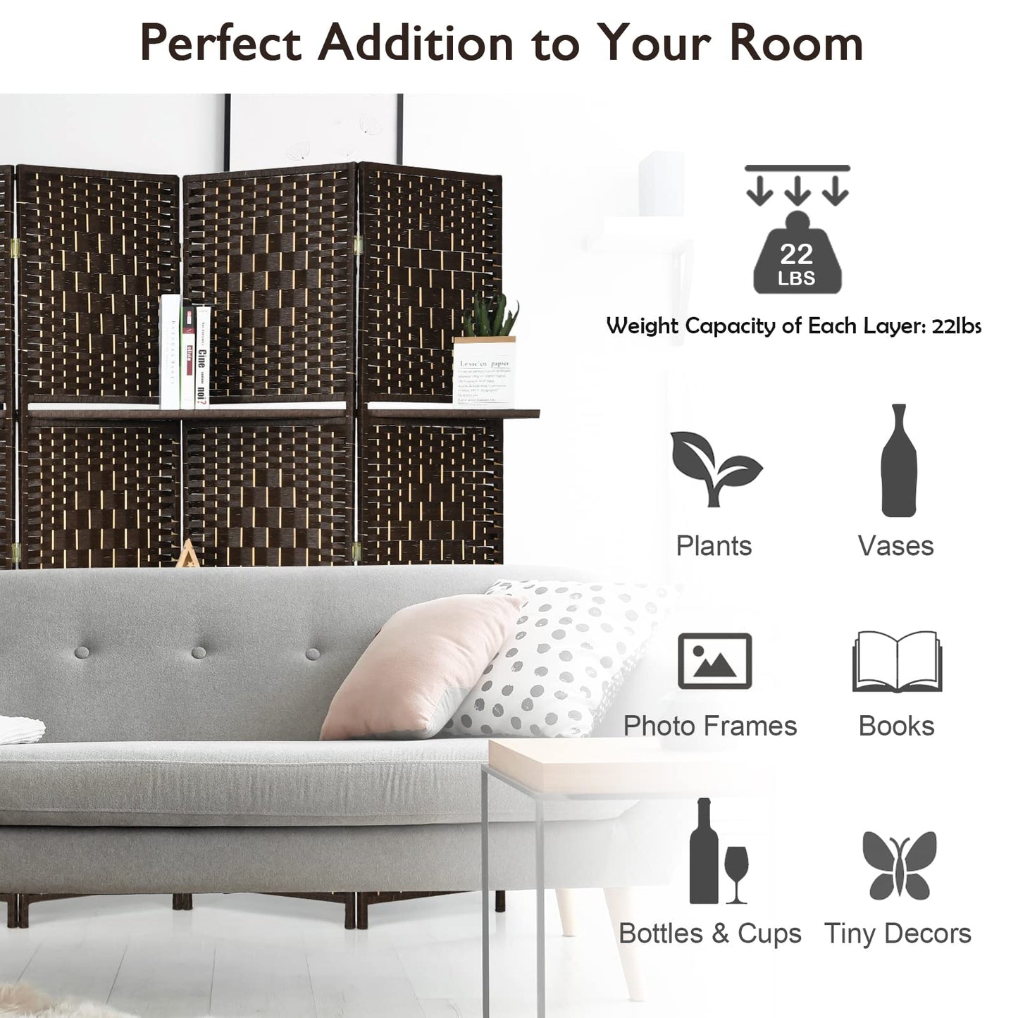Giantex 6Ft 6 Panel Room Divider with Shelves, Freestanding Hand-Woven Rattan Folding Privacy Screens for Room Separation, Wooden Partition Room Divider Wall for Home Office Studio Separator