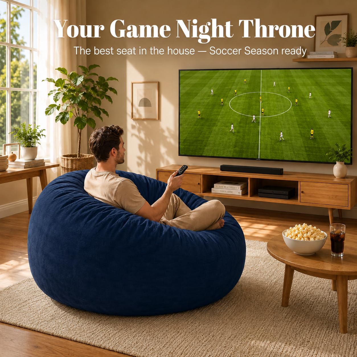 Codi Bean Bag Chair with Filler Included, 4 FT - Comfy Large Beanbag Chairs for Adults, Premium Foam Added - Machine Washable and Soft Mink Bonded Cover - Blue, 4ft