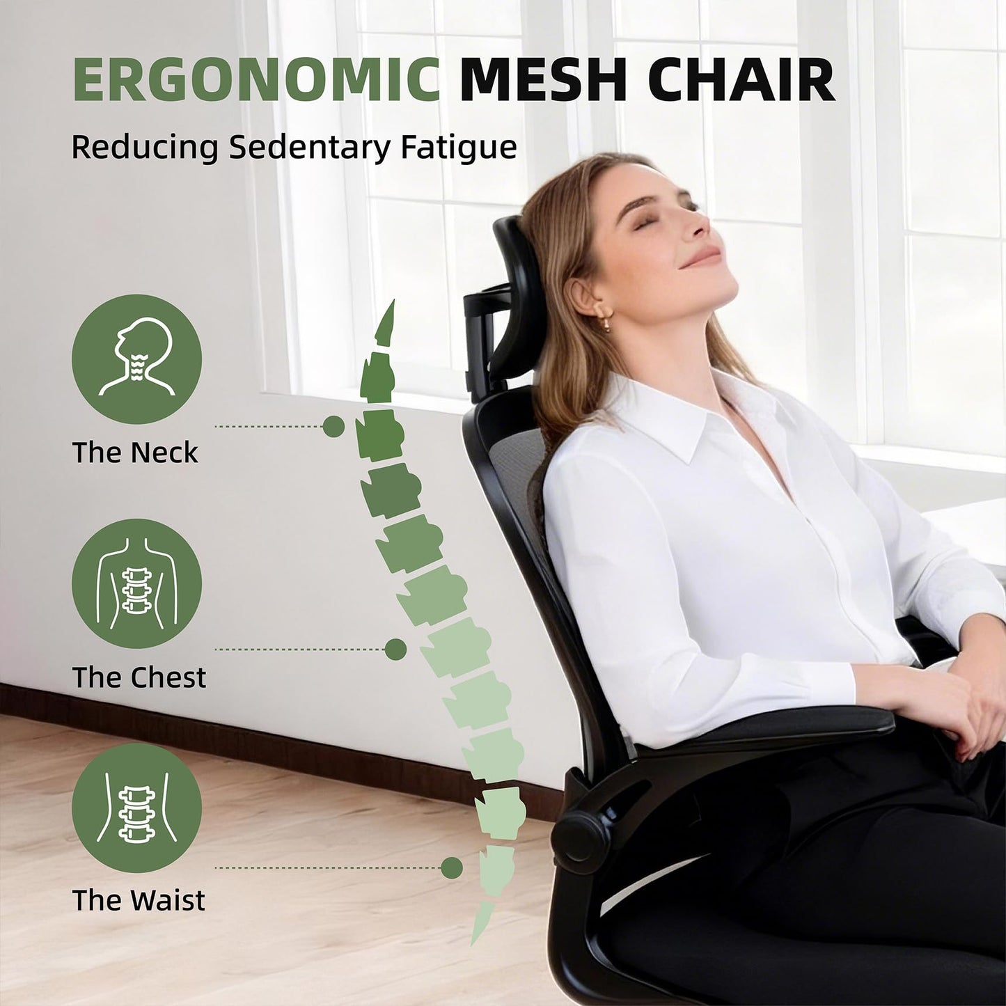 ralex-chair Ergonomic Office Chair with Adjustable Headrest & Lumbar Support, Computer Desk Chair with Flip-Up Armrests, Comfortable for Home, Office, Conference Room