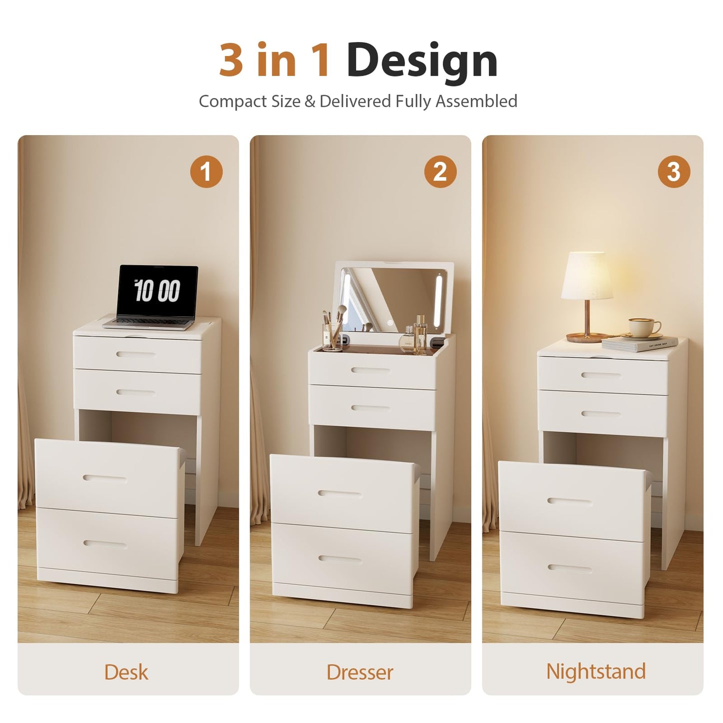 Muwuele Solid Wood 3 in 1 Vanity Desk with Flip Top Mirror, No Assembly, Compact Vanity with Hidden Chair, Small Makeup Vanity Set with Power Outlet, Dressing Table for Bedroom, White