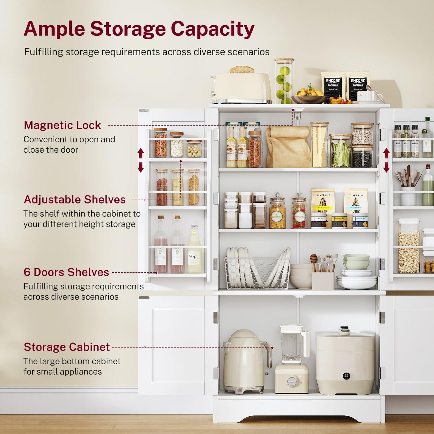 TEENFON 43'H Pantry Cabinet with 4 Doors, Kitchen Cabinet with 6 Door Shelves, Storage Cabinet-Kitchen Pantry for Living Room, Dining Room, Bathroom, White
