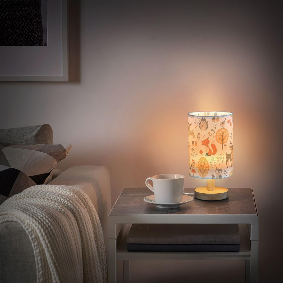 Oarencol Bedside Table Lamp Woodland Animals Nightstand Lamp with Wood Fox Owl Deer Buuny Trees Leaves Desk Lamps for Bedroom Living Room Nursery Office Home Decor