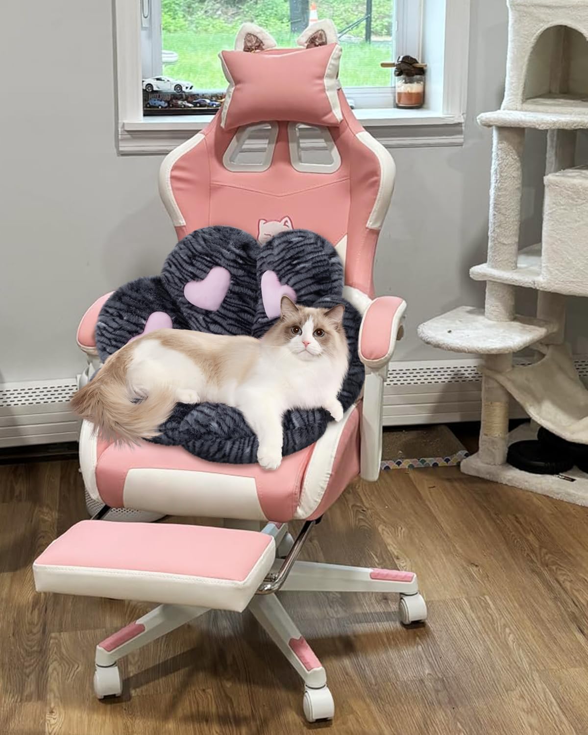 MOONBEEKI Cat Paw Cushion Chair Comfy Kawaii Plush Seat Cushions Shape Lazy Pillow for Gamer Chair 28"x 24" Cozy Floor Cute Seat Kawaii for Girl Worker Gift, Dining Room Bedroom Decorate （Black Silve）