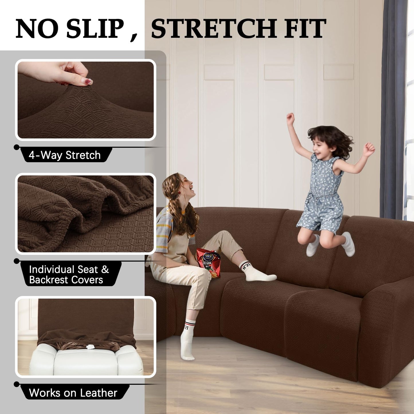 ROFASVCO Reclining Sectional Couch Covers Waterproof L Shape Washable Recliner Sofa Cover for L Shaped Sectional Super Stretch Soft Corner Recliner Slipcovers (5 Seater Cover, Chocolate Brown)