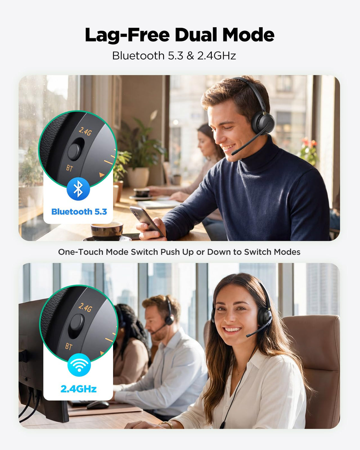 Wireless Headset with Mic for Work, AI ENC Noise Cancelling for Clear Call ＆ Meeting, Work Headset with Charge Stand for Remote & Office, Bluetooth 5.3 & 2.4G Dongle Headset for PC, Phone, Teams, Zoom