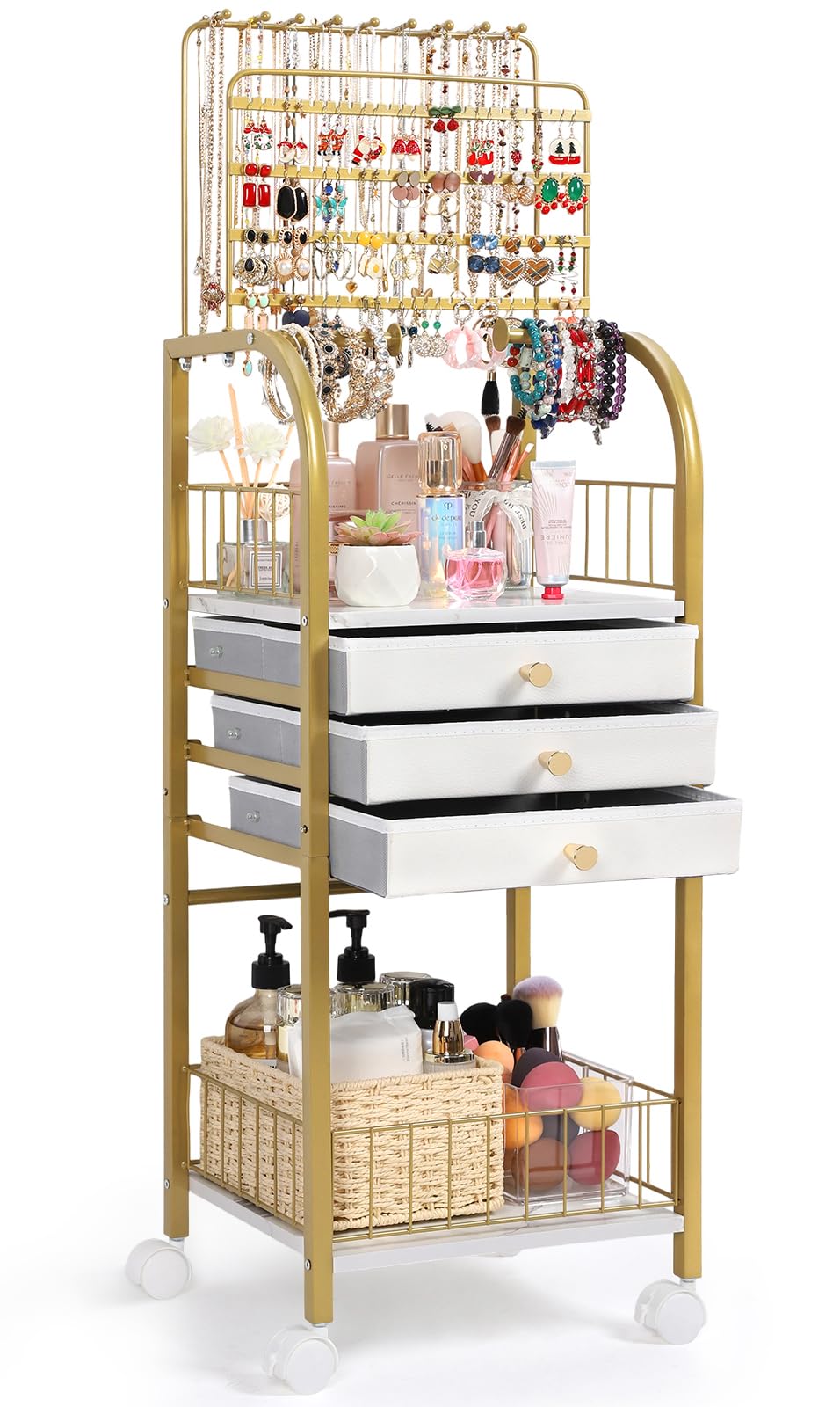 Keebofly Large Jewelry Organizer Stand with 3 Box Drawer - Necklace Organizer Earring Storage Armoire Holder with Display for Earring Necklace Ring Bracelet Gold