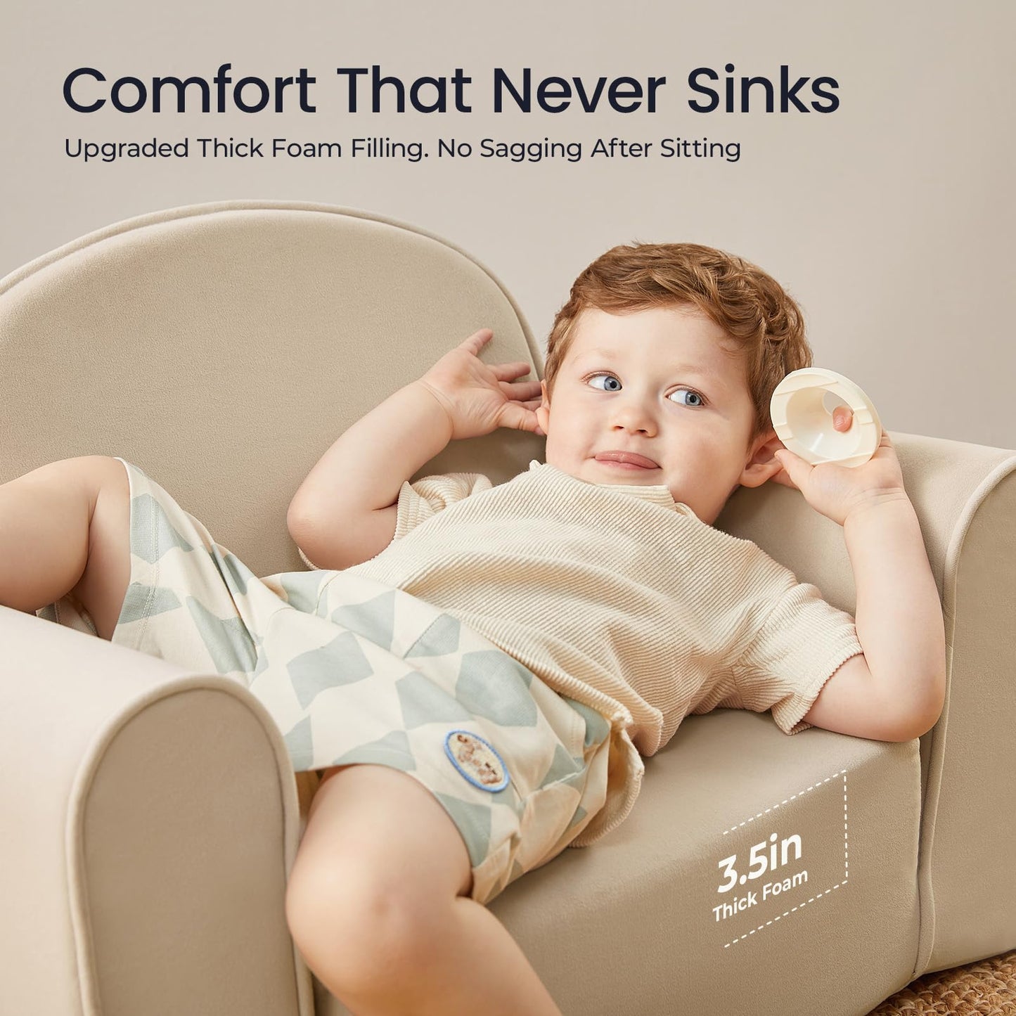 Tiny Land 2-in-1 Foldable Kids Couch with Pockets – Soft Thick Toddler Sofa, Convertible Kids Chair for Playroom, Bedroom or Living Room, Gift for Boys & Girls(Beige)