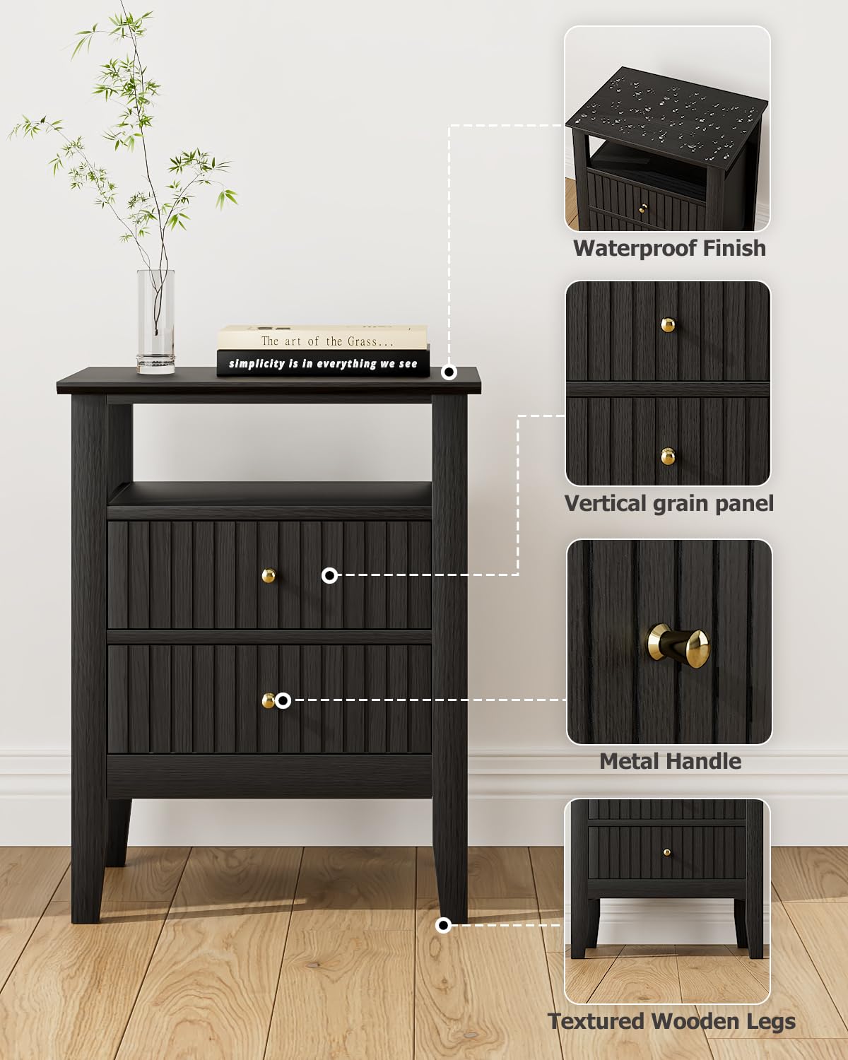 Apetaccat Fluted Nightstand, Farmhouse Night Stand with 2 Drawers, Mid Century Modern Side Accent Table,Bedside End Table for Bedroom, Living Room, Black