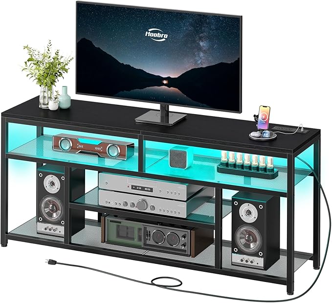 HOOBRO LED TV Stand with Charging Station, 4-Tier Entertainment Gaming Center
