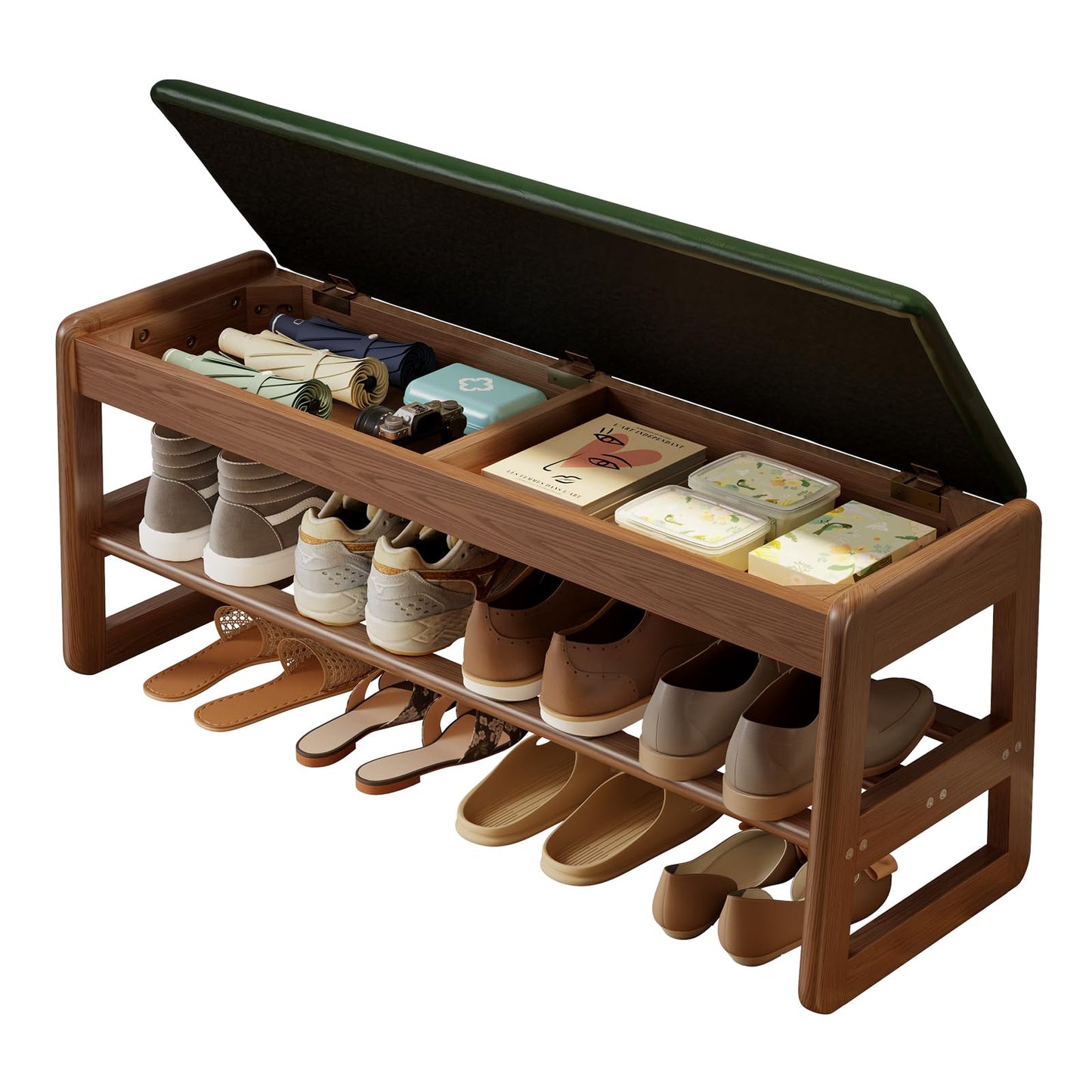 AQIMUELE Shoe Rack Bench,2 Tiers Shoe Bench with Storage with Flip-Top,Wood Shoe Rack for Entryway,Hallway（Green Upholstered Seat,11.8" D x 39.3" W x 15.7" H）