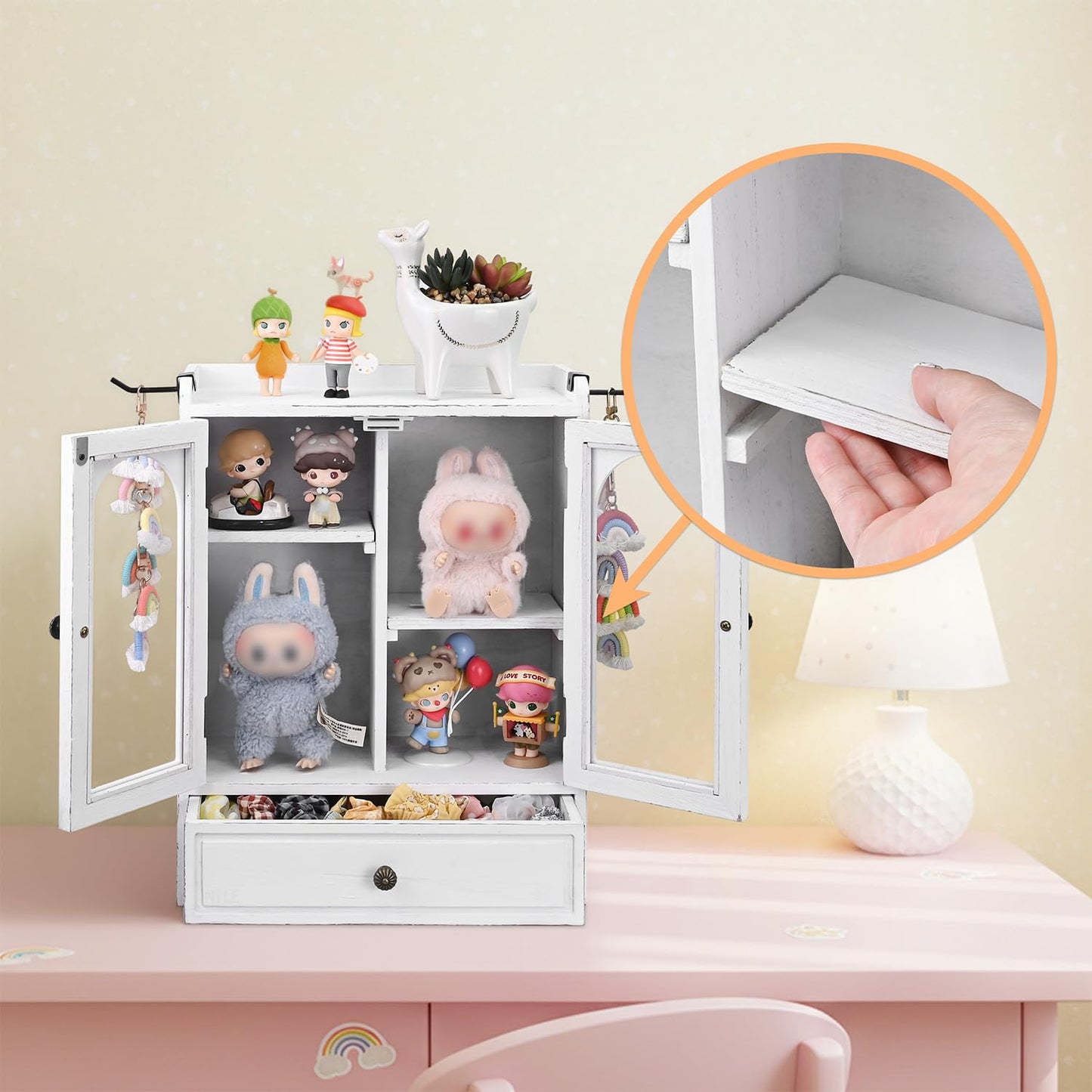 Ikee Design Wooden Countertop Storage Cabinet with Magnetic Door, Adjustable Shelves, Removable Hooks and Drawer for Perfume, Makeup, Pantry, Antique White, 12.2 W x 6 D x 15.7 H in