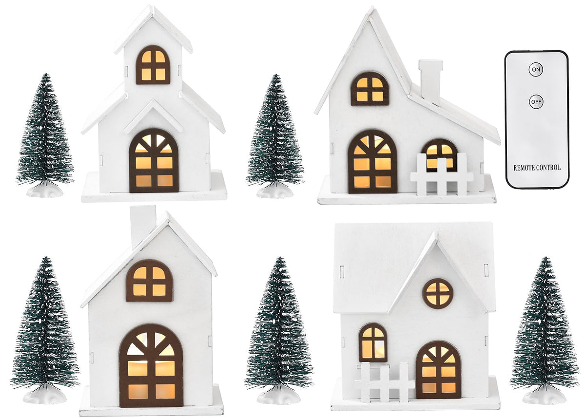 Ovootok Wood & Plastic Christmas Sculpture Set, 9pcs, Including 4 LED Lighted Houses and 5 Frosted Trees for Tabletop Mantel Décor