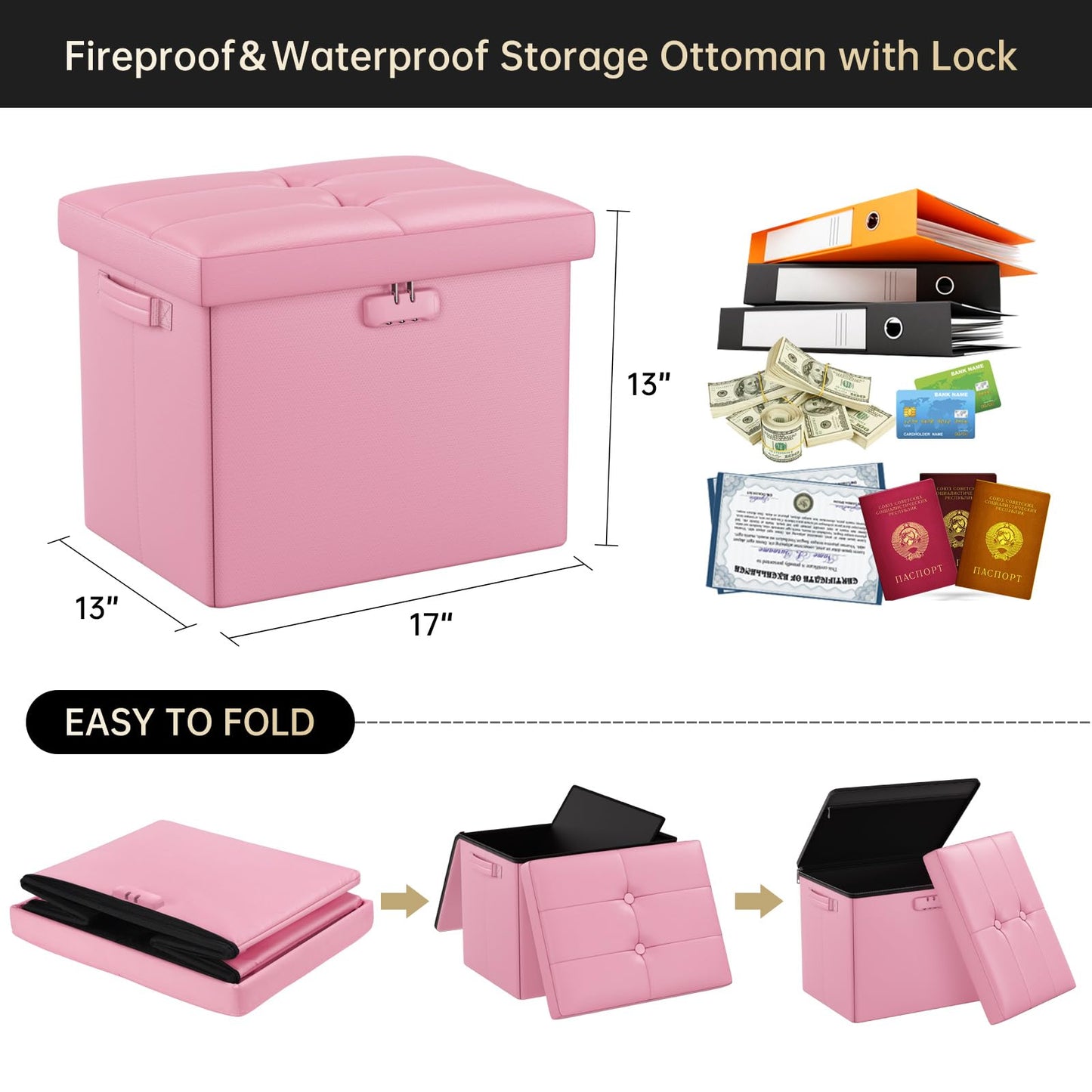 DocSafe Storage Ottoman Foot Rest Stool with Lock ＆ Handles, Fireproof Folding Leather Footstool Bench with Storage Safe for Living Room Bedroom, Home Office, Dorm, 17x13x13in, Pink