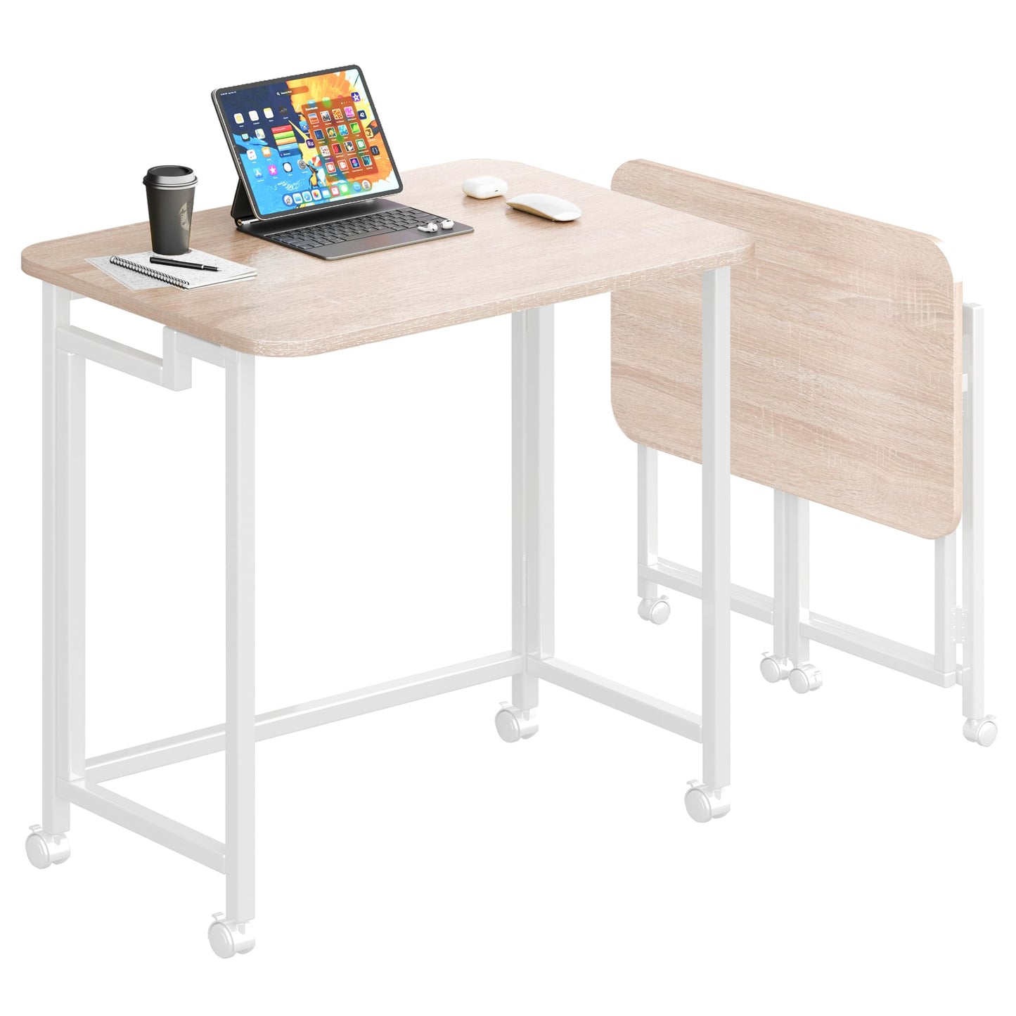 JSB Small Folding Computer Desk with Storage Bag and Hook Writing Modern Industrial Work Table Laptop for Home Office White (Natural & White, 27.6")