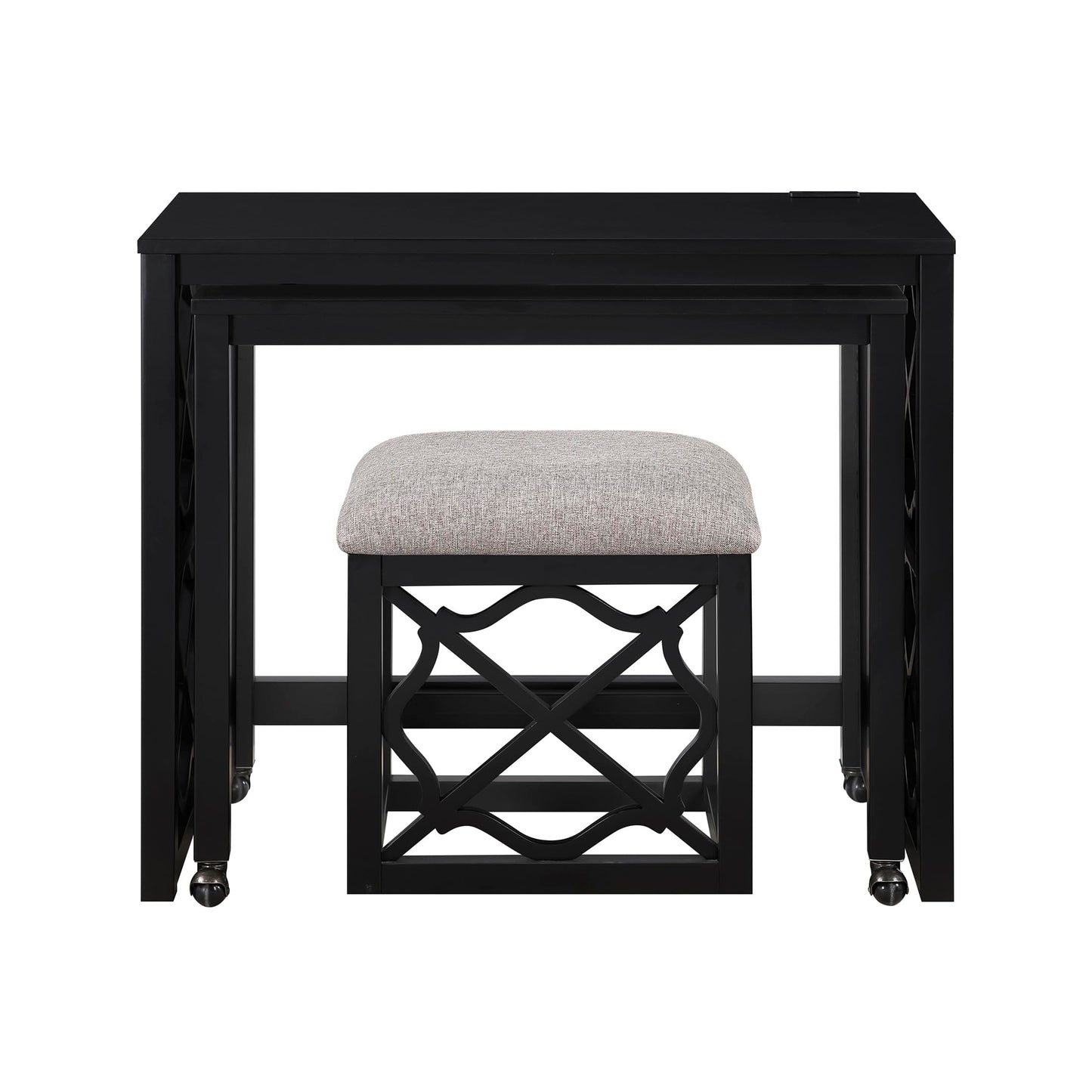 Lexicon Space-Saving Home Office Wood Desk Set, Modern Makeup Vanity Desk with Padded Vanity Stool, USB Charging Port, Nesting Table, Rolling Small Computer Table for Writing/Study/Bedroom, Black