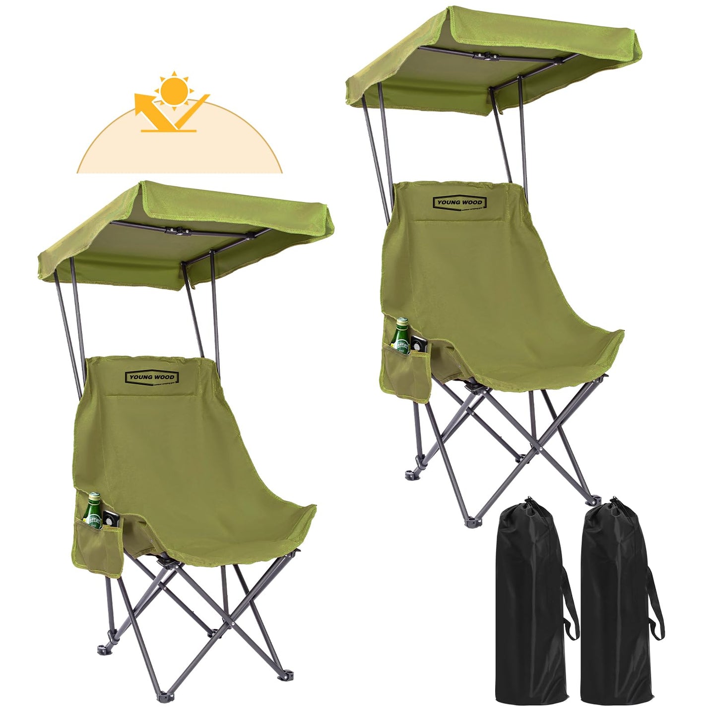 YOUNG WOOD Portable Camping Chair Beach Chair with Shade Canopy, Fold Lightweight Oversized for All, Easy to Open, Close Without Installation, Side Pocket Design for All Outdoor Activities, Green,2p