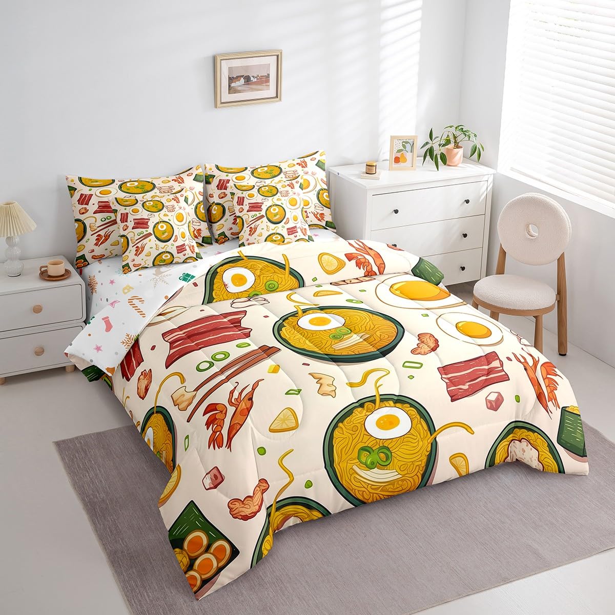 Erosebridal 7 Piece Ramen Noodle Bedding Set Queen,Funny Food Comforter Set Ramen Lovers Gifts for Kids Adults,Japanese Anime Bed Set with Fitted Sheet,Flat Sheet,Pillowcases,Throw Pillow Covers