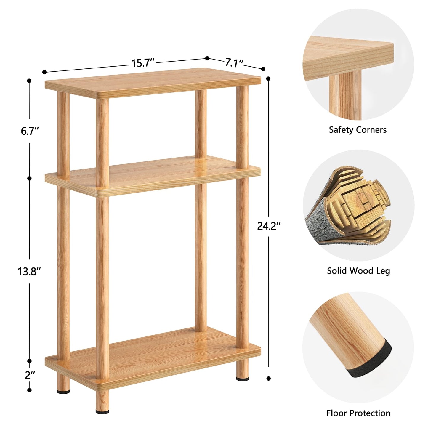 Apicizon Small Narrow Side Table, 3-Tier Skinny End Table for Small Spaces, Slim Nightstand with Storage Shelf, Bedside Table for Living Room, Bedroom, Natural