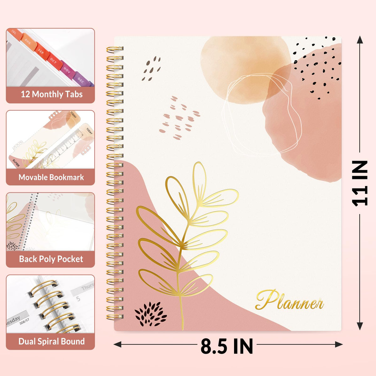 SUNEE Academic Planner 2026-2027 – Weekly & Monthly Planner, July 2026 to June 2027, 8.5"x11", Thick Paper, Tabs, Pockets, Bookmark, Spiral-Bound, Student Teacher Organizer, Blushing Abstract Breeze