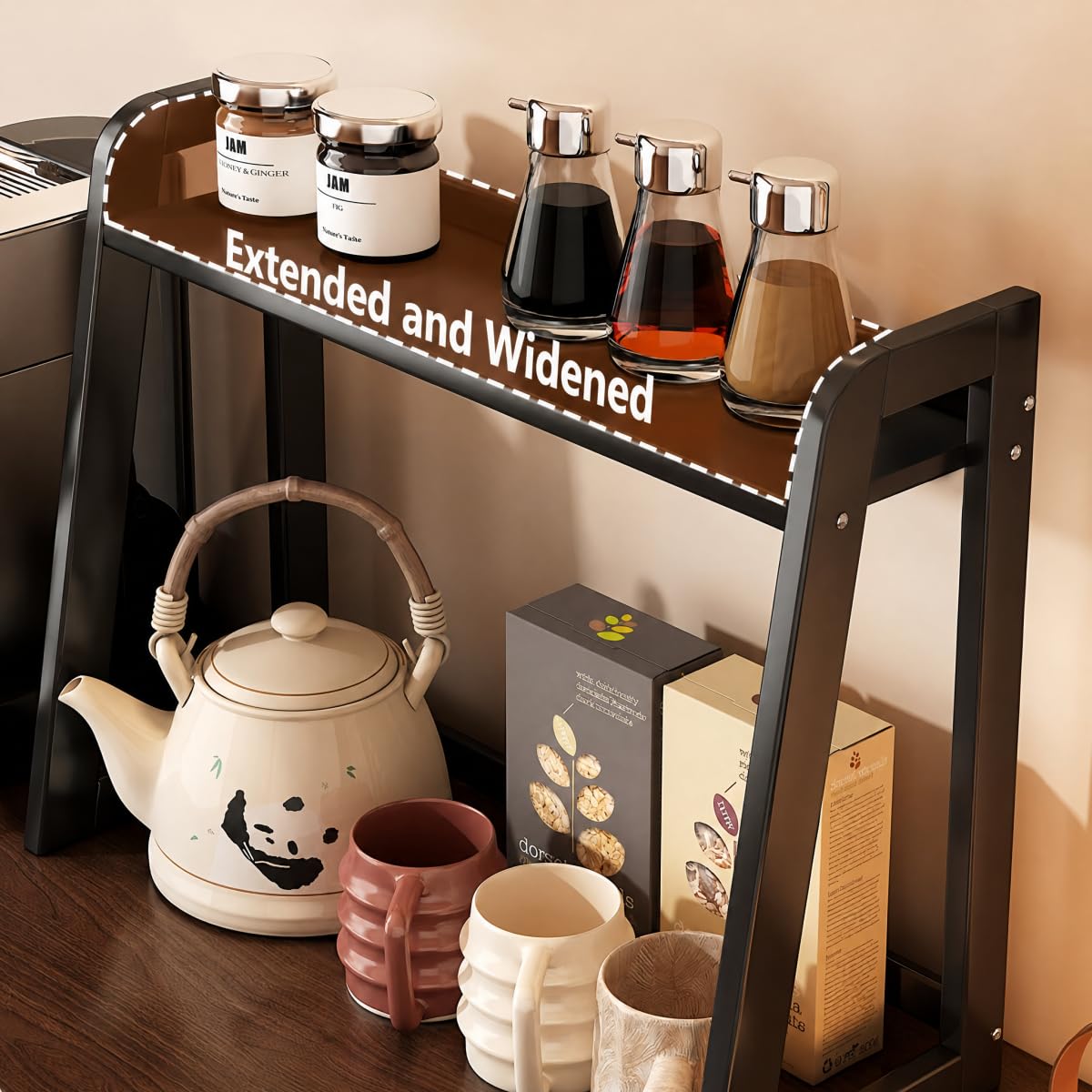 XIKEMADI Natural Bamboo Coffee Station Organizer, 2-Tier Wooden Kitchen Counter Shelf for Bar Accessories, Multi-Functional Countertop Storage Rack for Syrup Bottles & Coffee Essentials (Black)