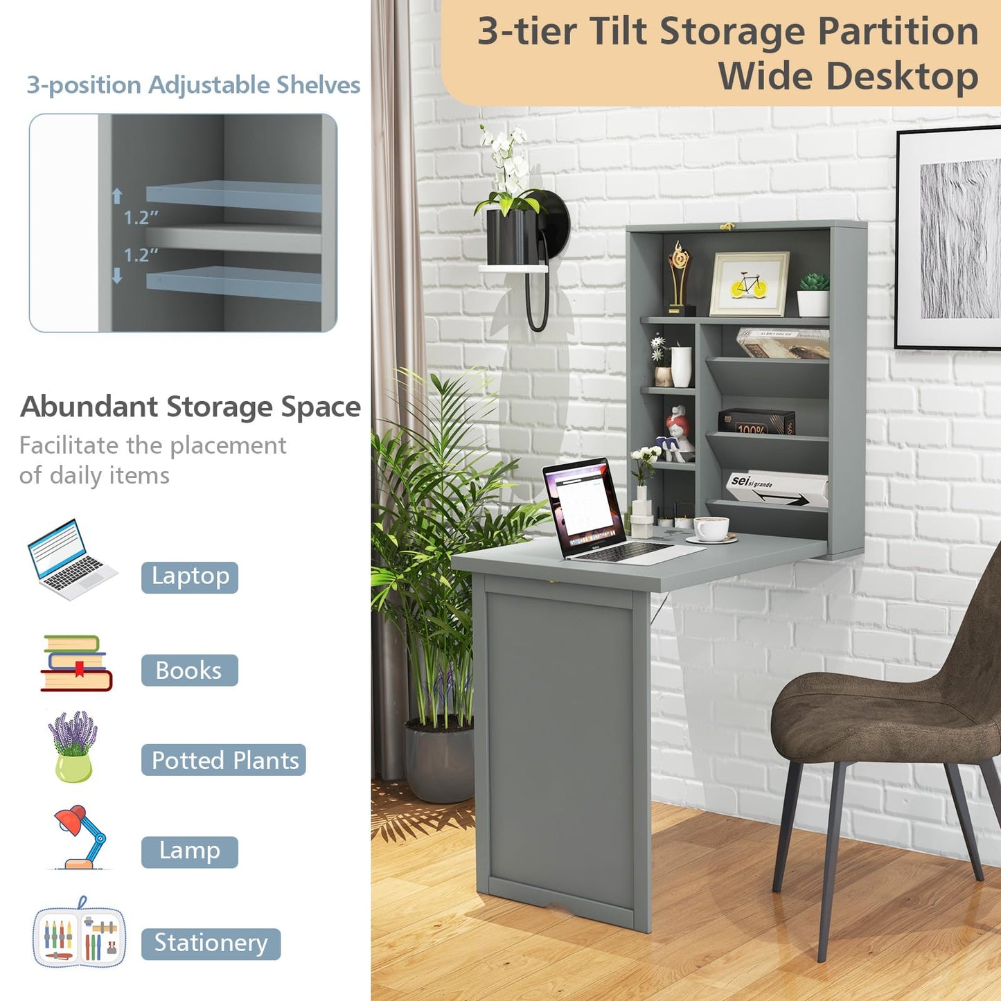GOFLAME Wall Mounted Folding Desk with 3-Tier Tilt Storage Partition and Adjustable Shelves, Space-Saving Convertible Writing Desk for Home Office, Gray